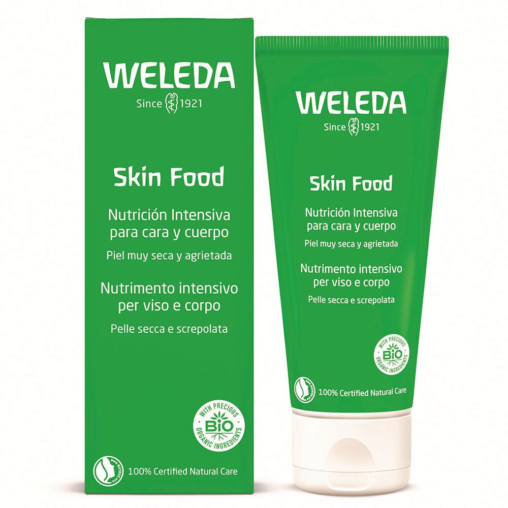 Scatola e tubo verdi. Scritta: WELEDA Skin Food. Certificazione bio.