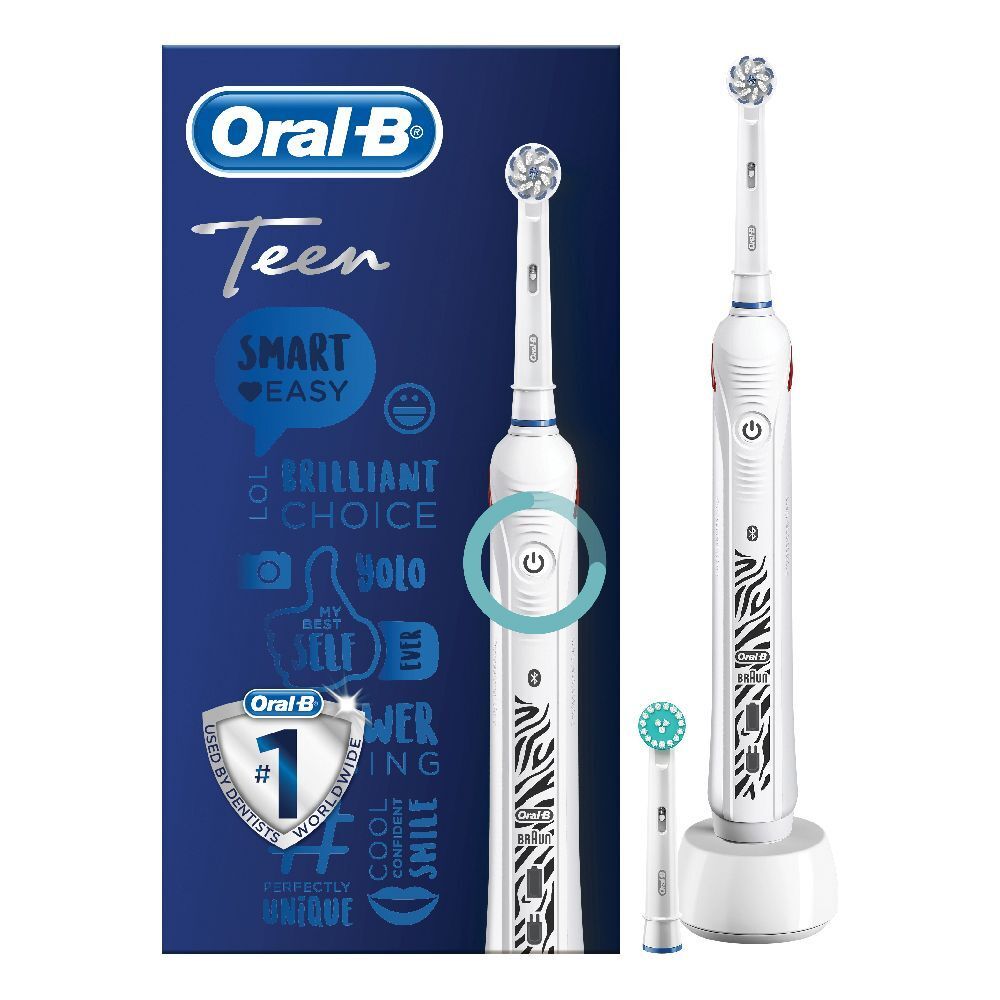 Spazzolino elettrico Oral-B Teen bianco con motivo zebrato. Base di ricarica e due testine. Confezione con logo e testo.