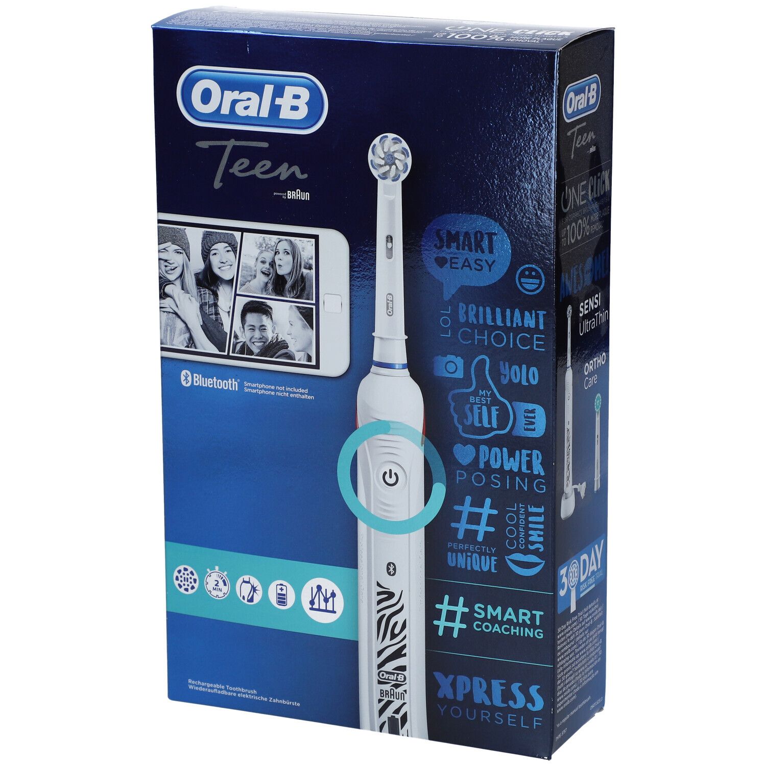 Confezione dello spazzolino elettrico Oral-B Teen. Sulla confezione è raffigurato uno smartphone con foto di adolescenti.