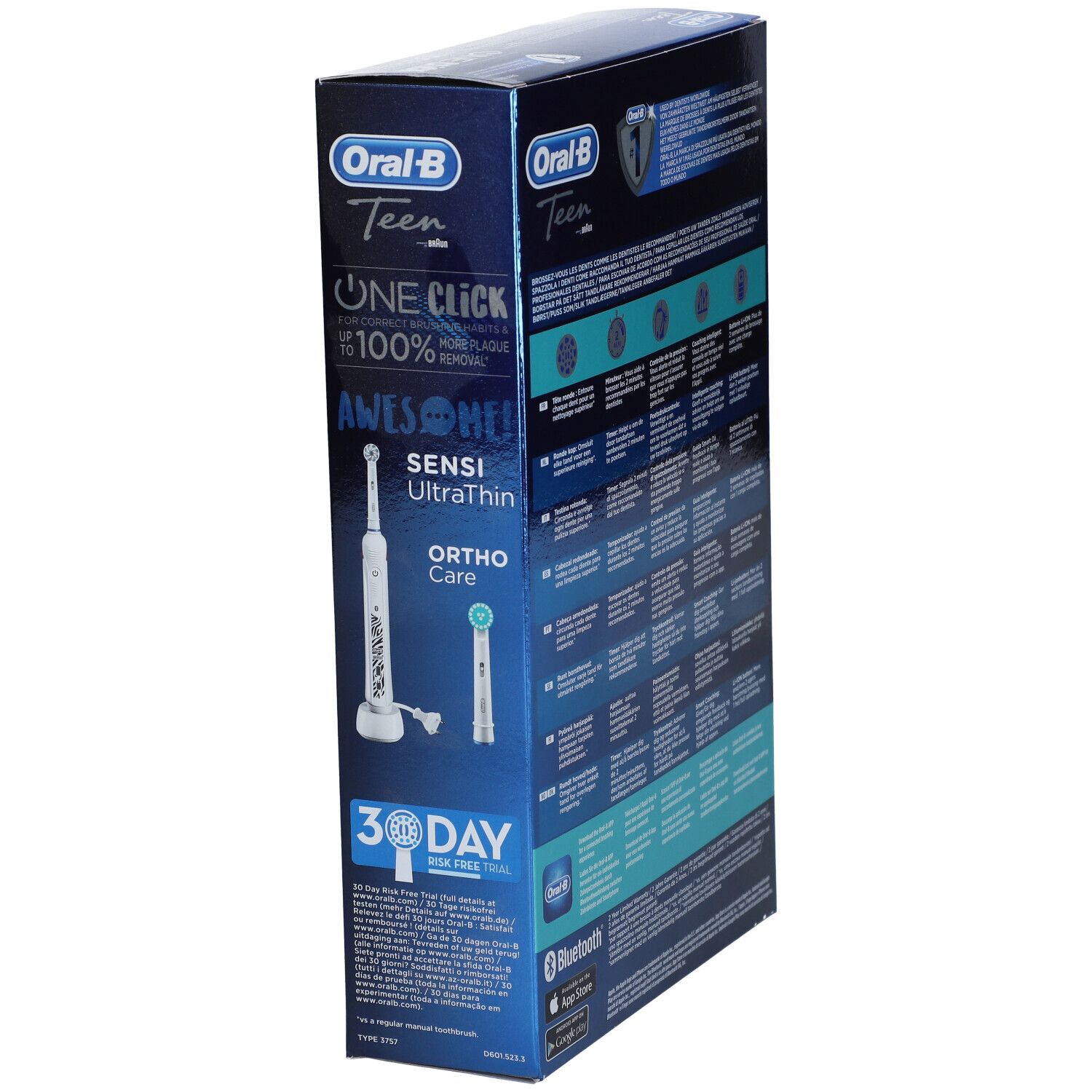 Lato della confezione dello spazzolino elettrico Oral-B Teen. Illustrazione dello spazzolino e delle testine.