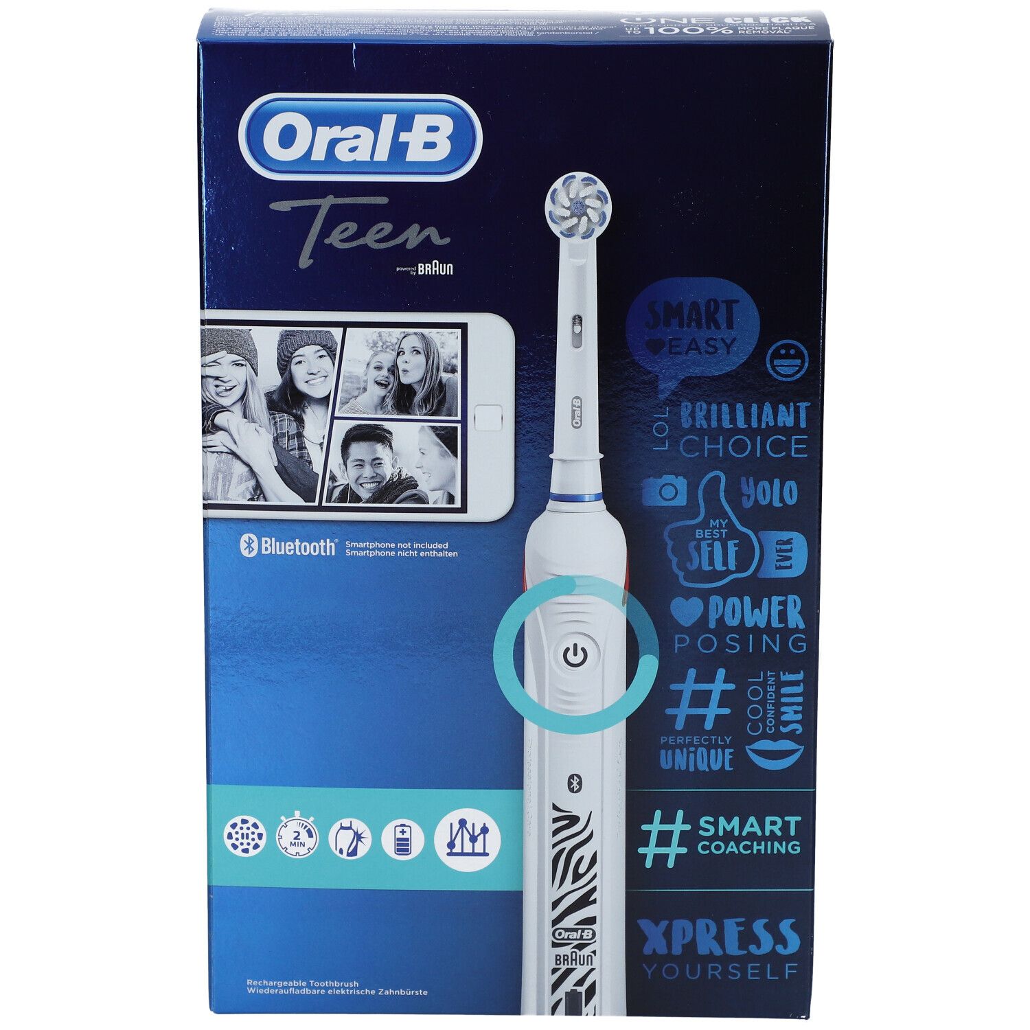 Confezione dello spazzolino elettrico Oral-B Teen. Sulla confezione è raffigurato uno smartphone con foto di adolescenti.