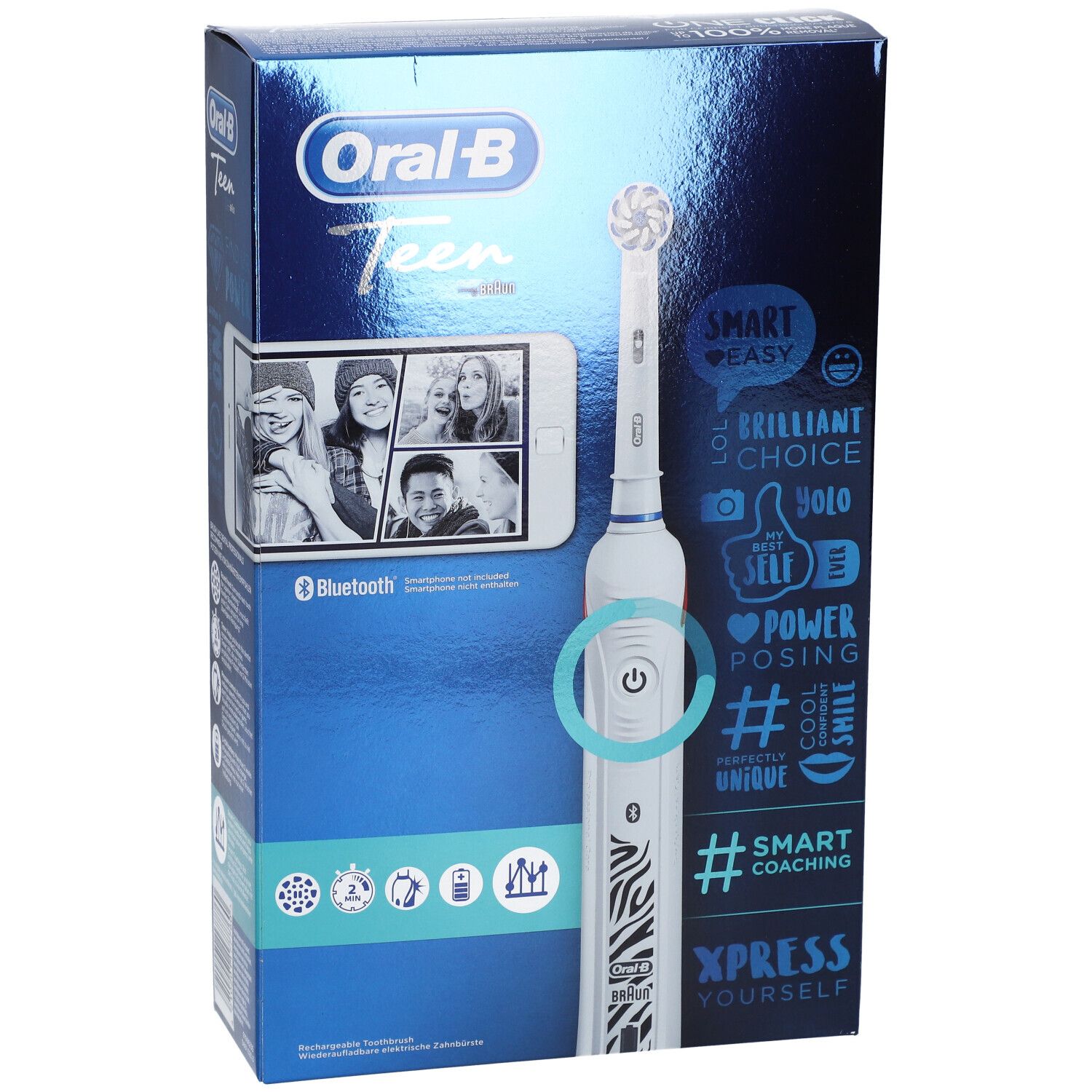 Confezione dello spazzolino elettrico Oral-B Teen. Sulla confezione è raffigurato uno smartphone con foto di adolescenti.