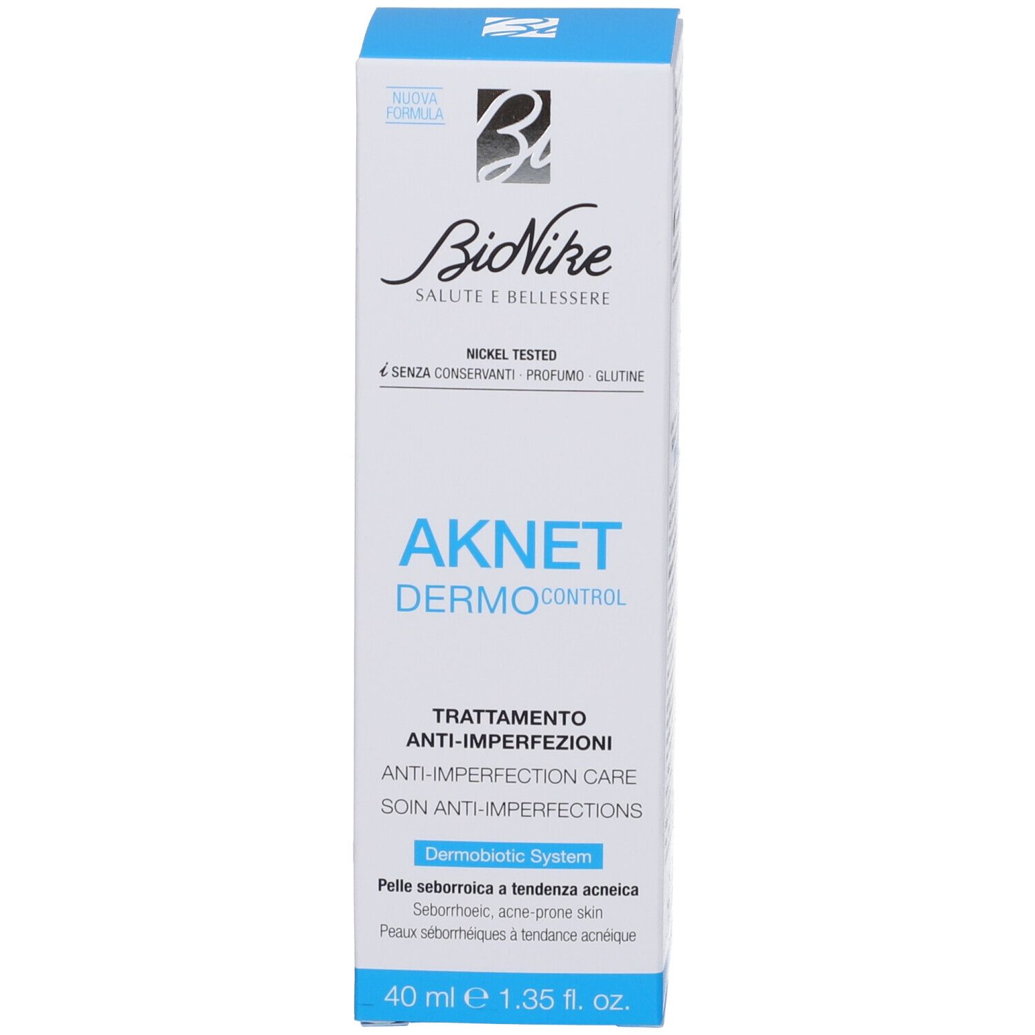 Kartonverpackung. Aufschrift: AKNET DERMOControl, BioNike Logo. Text in italienischer Sprache. 40 ml.