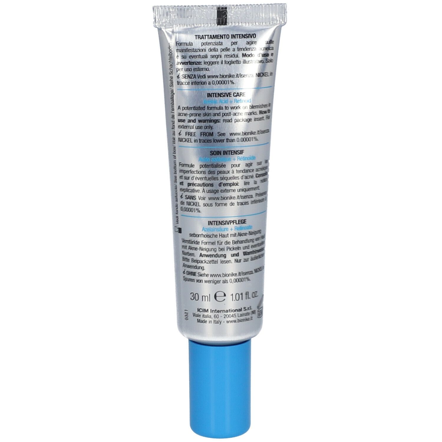 Dos du tube. Texte: Soin intensif. Ingrédients, instructions d'utilisation. Marque: Bionike. 30 ml.