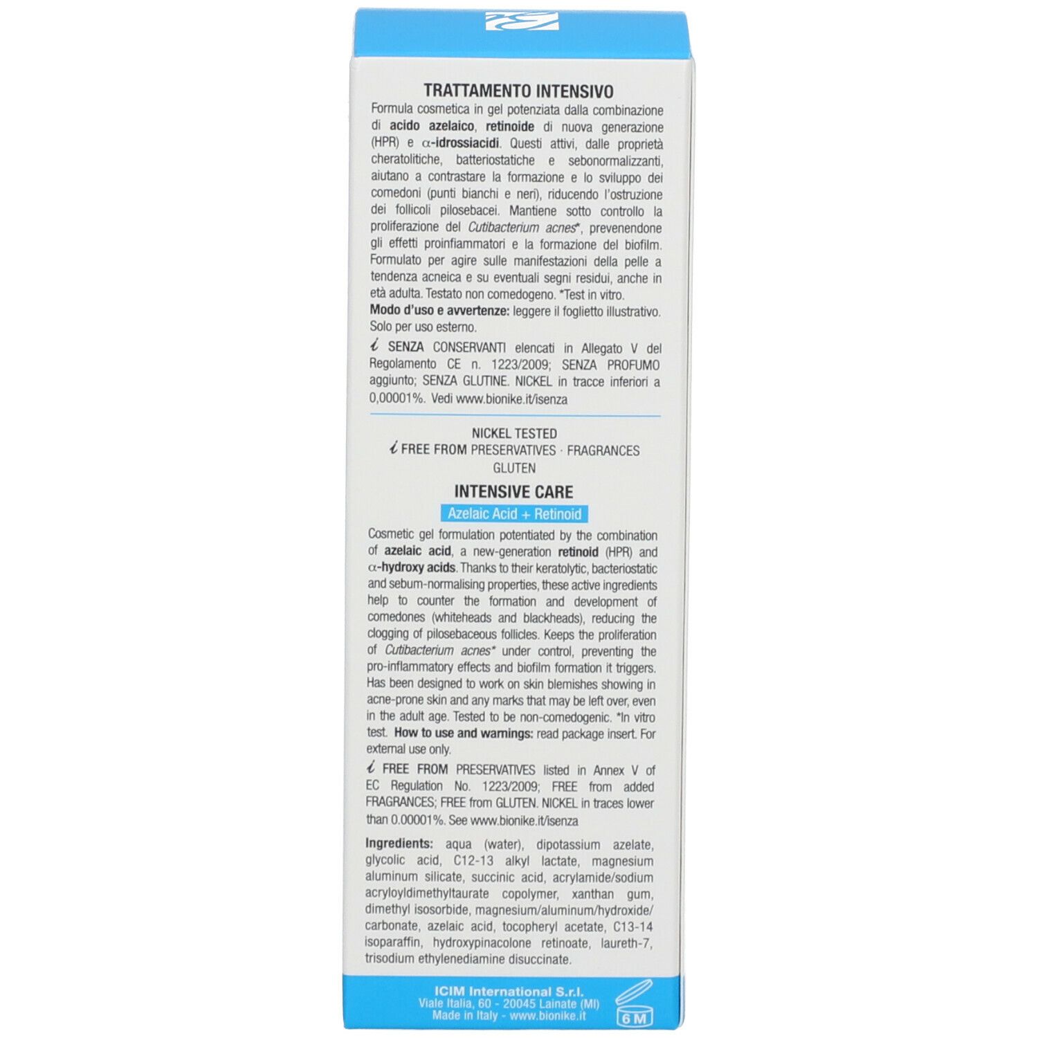 Dos de l'emballage. Texte: Soin intensif. Ingrédients, instructions d'utilisation. Marque: Bionike. Nickel Tested.