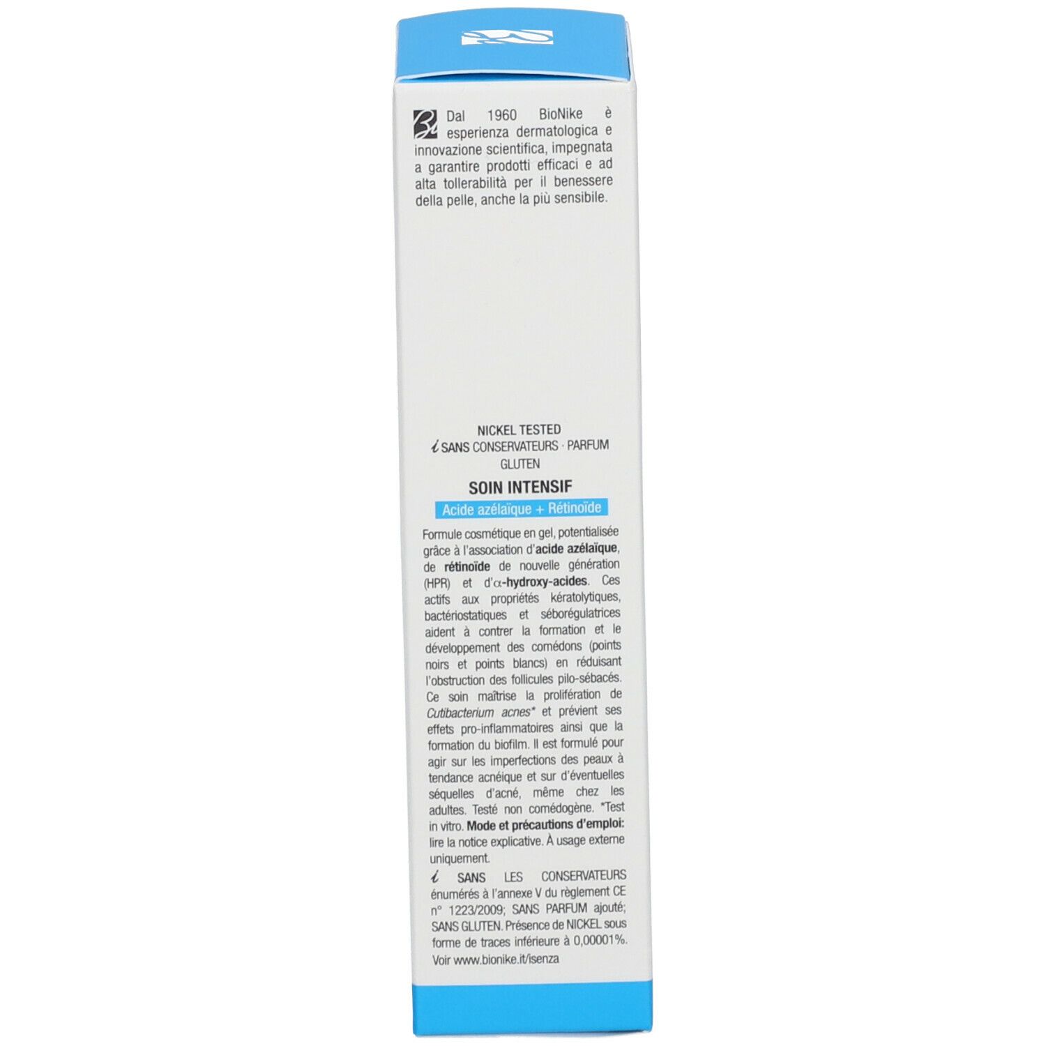 Dos de l'emballage. Texte: Soin intensif. Ingrédients, instructions d'utilisation. Marque: Bionike. Nickel Tested.