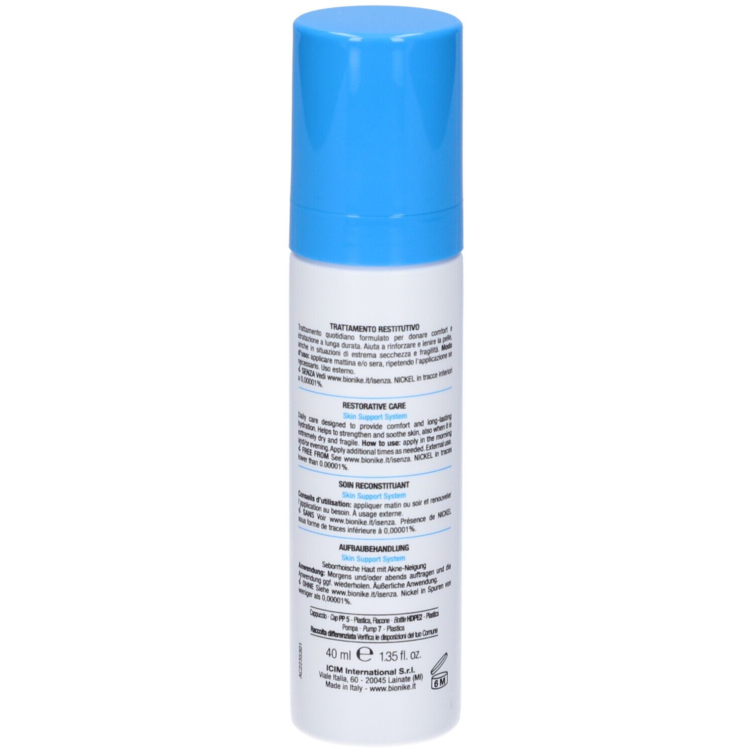 Weiße Flasche mit blauem Deckel. Aufschrift: Aknet Hydra Plus, BioNike. Produktinformationen auf der Rückseite.