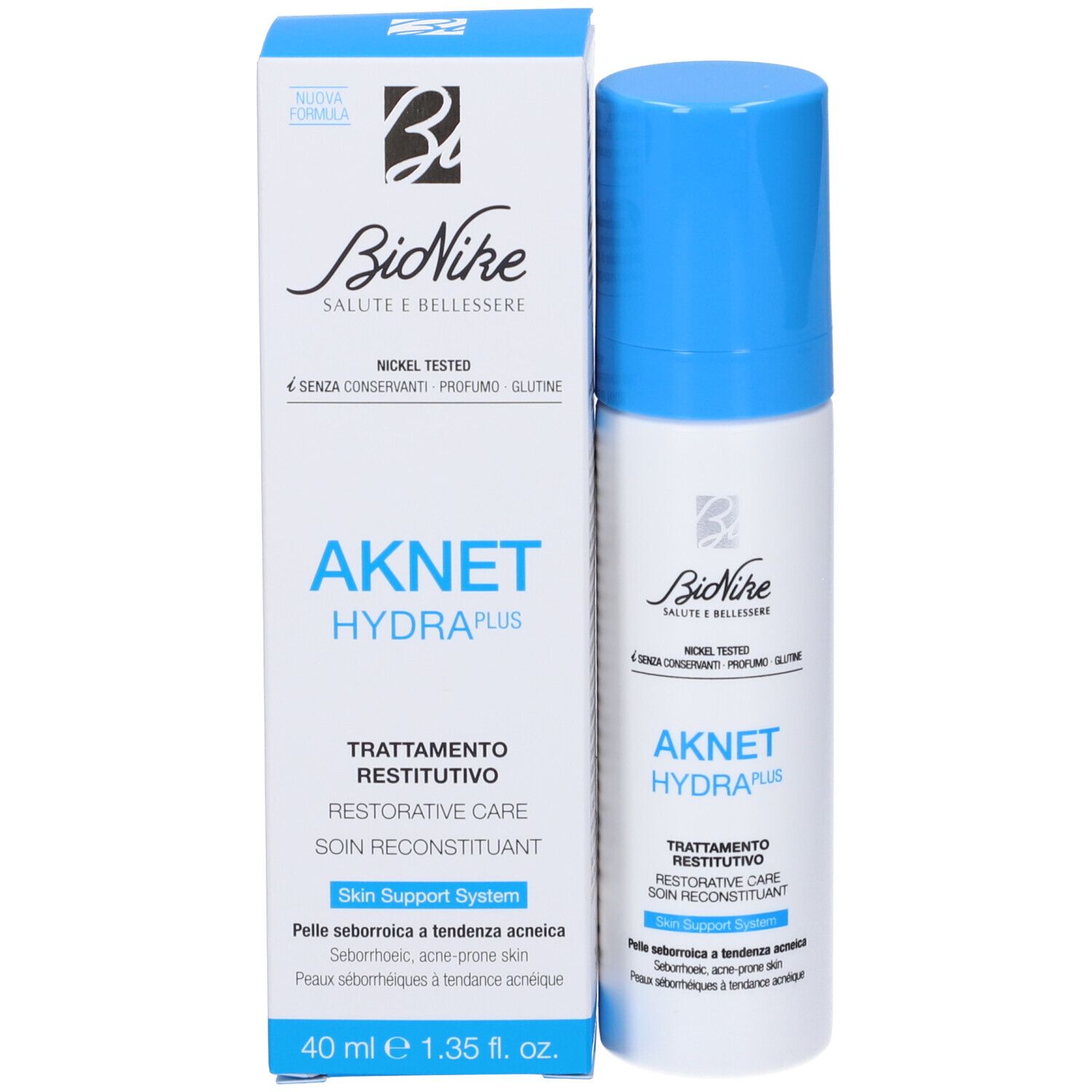 Produktverpackung mit Flasche und Karton. Aufschrift: Aknet Hydra Plus, BioNike. Für fettige, zu Akne neigende Haut.