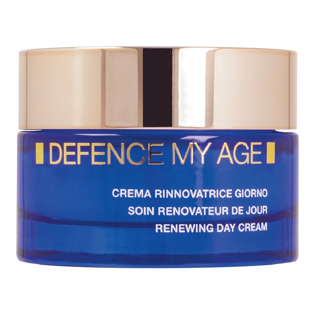 Vaso di crema blu con coperchio dorato. Scritta: DEFENCE MY AGE, CREMA RINNOVATRICE GIORNO, RENEWING DAY CREAM.