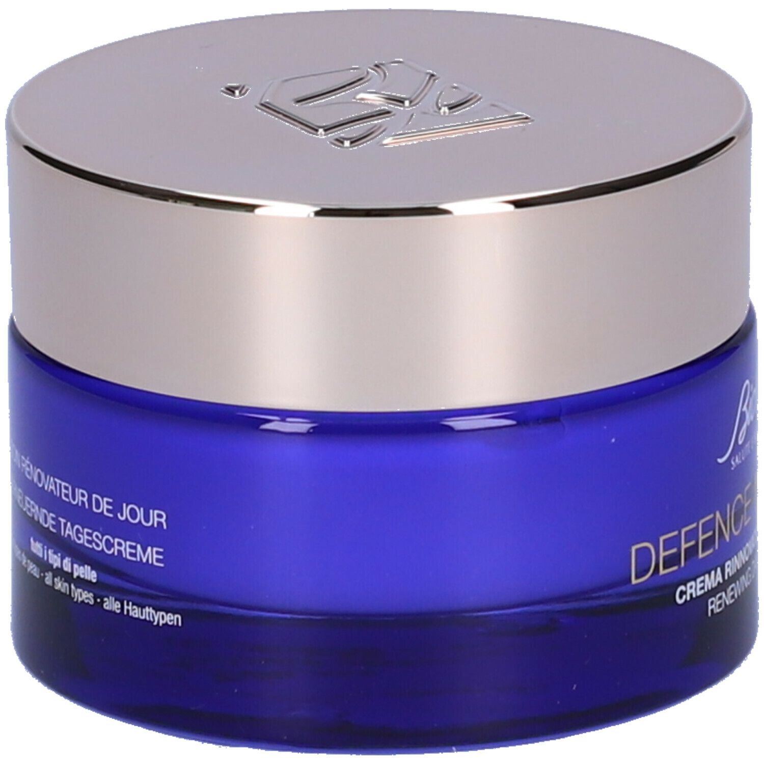 Vaso di crema blu con coperchio argentato. Scritta: BioNike, DEFENCE MY AGE, CREMA RINNOVATRICE GIORNO, RENEWING DAY CREAM.