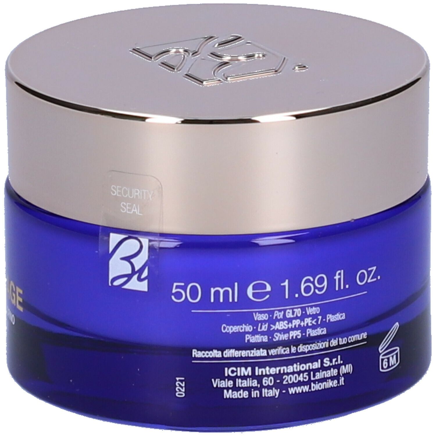 Vaso di crema blu con coperchio argentato. Scritta: BioNike, 50 ml e 1.69 fl. oz. Con informazioni sulla composizione.