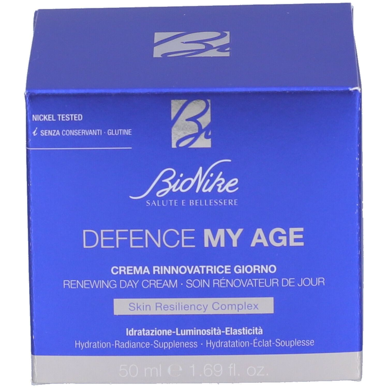 Scatola blu. Scritta: BioNike, DEFENCE MY AGE, CREMA RINNOVATRICE GIORNO, RENEWING DAY CREAM, 50 ml.