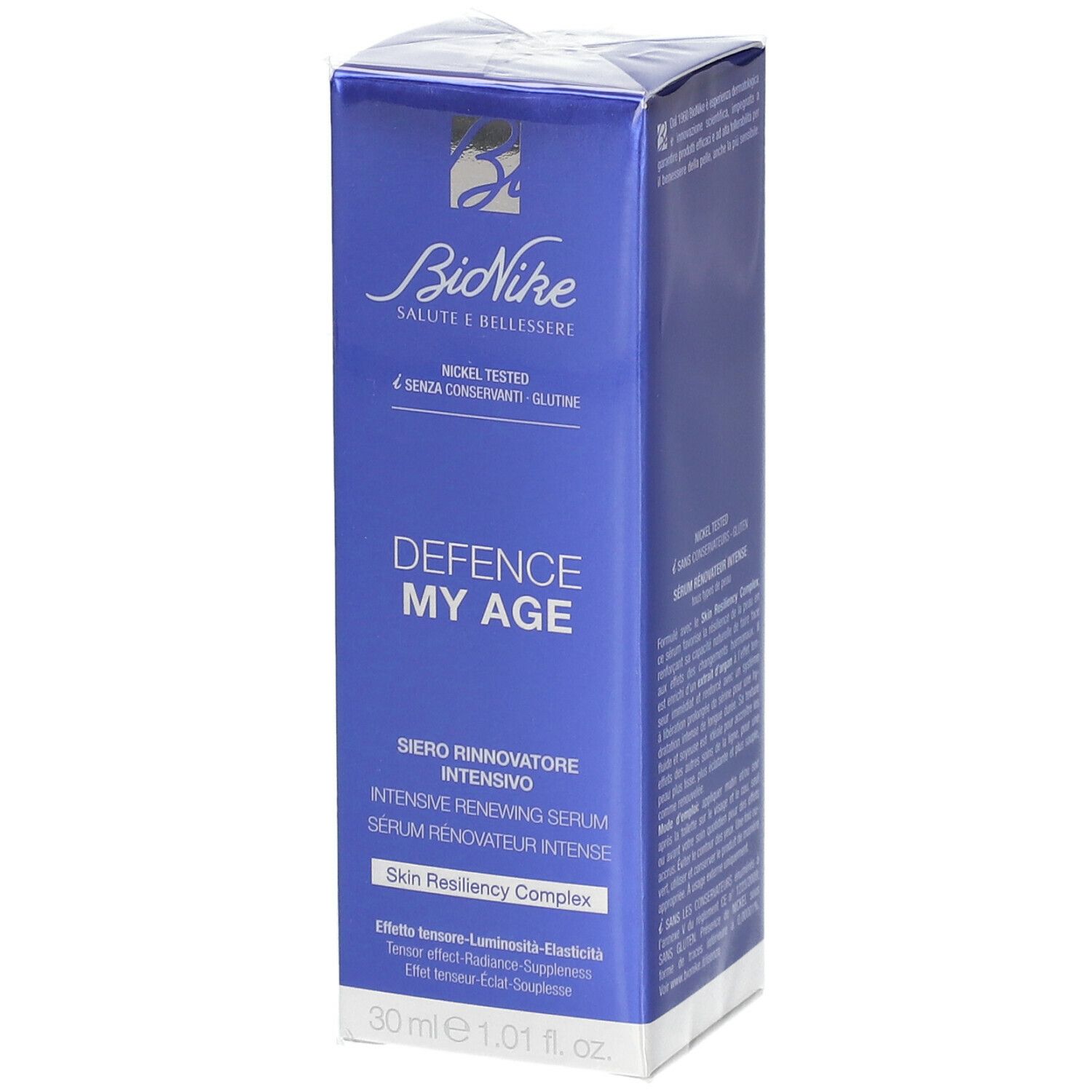 BioNike DEFENCE MY AGE Intensiv Serum. Confezione blu con nome e logo. 30 ml.