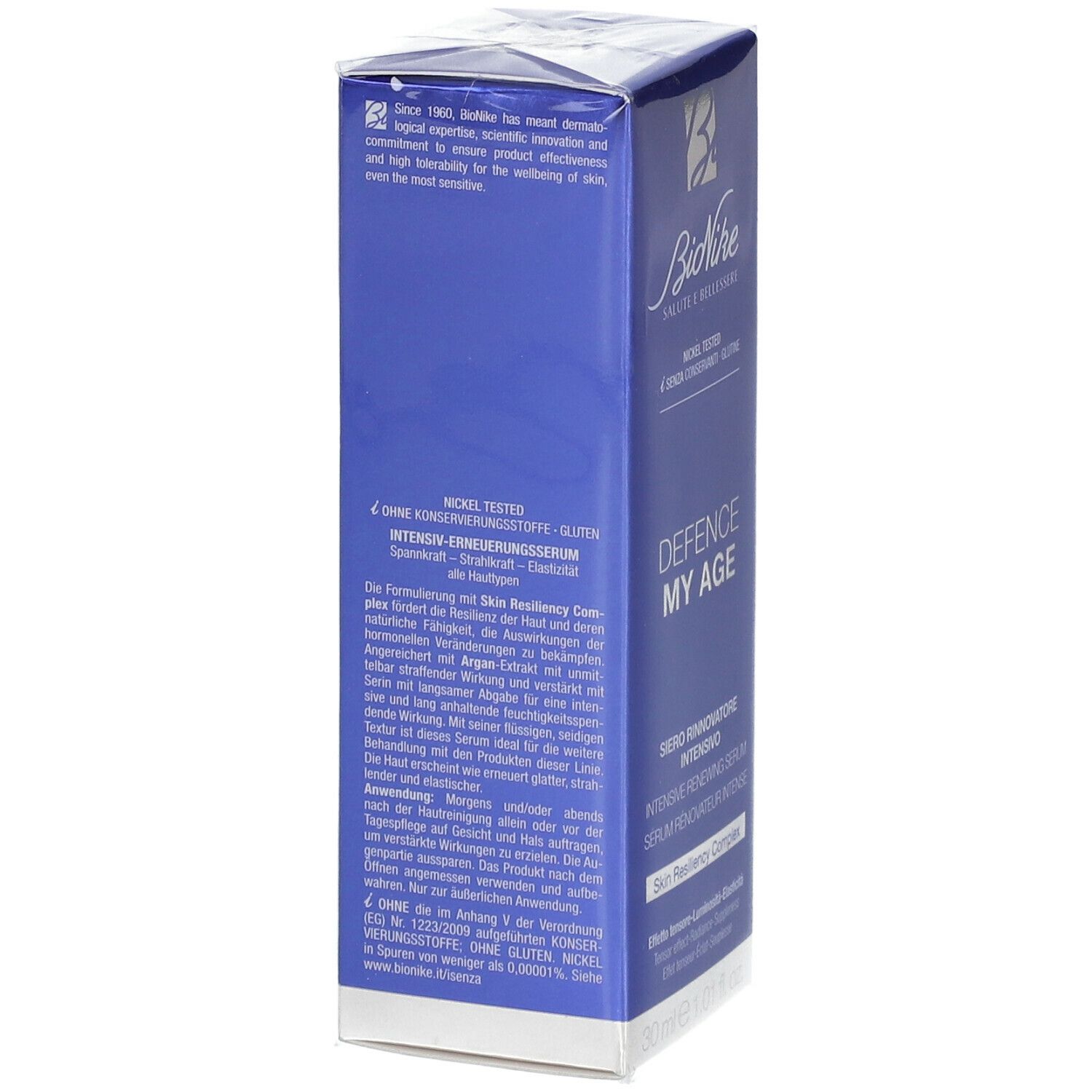 BioNike DEFENCE MY AGE Intensiv Serum. Confezione blu con testo. Nickel Tested.