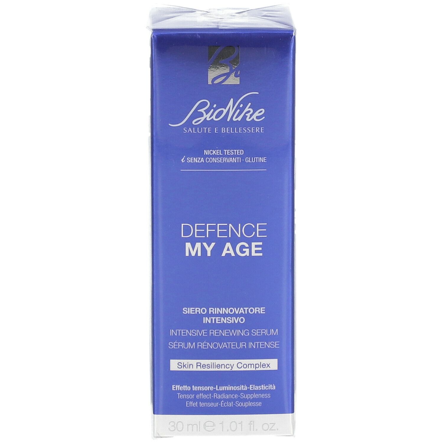 BioNike DEFENCE MY AGE Intensiv Serum. Confezione blu con nome e logo. 30 ml.
