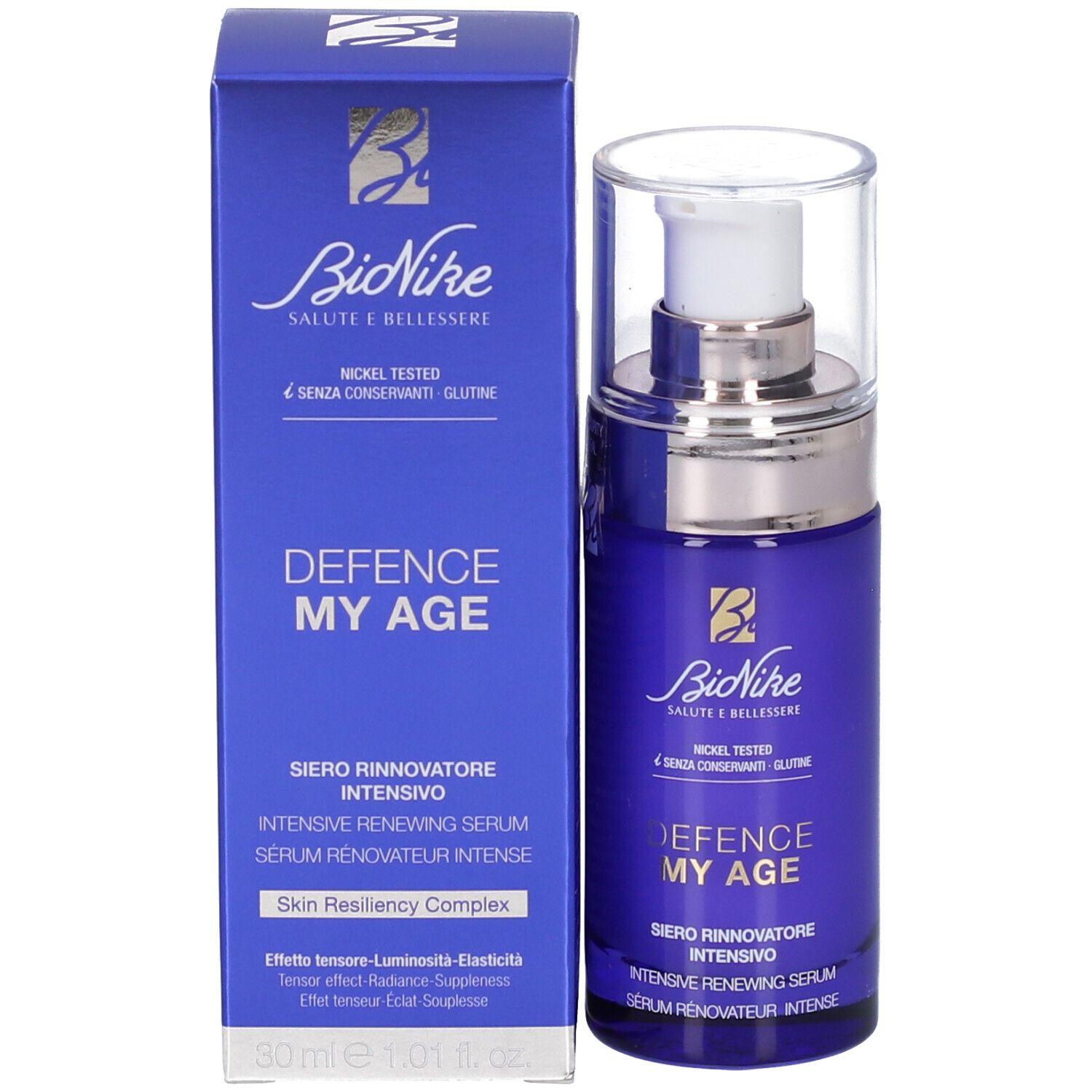 Blaues Serumfläschchen und Schachtel. Aufschrift: BioNike DEFENCE MY AGE. 30 ml.