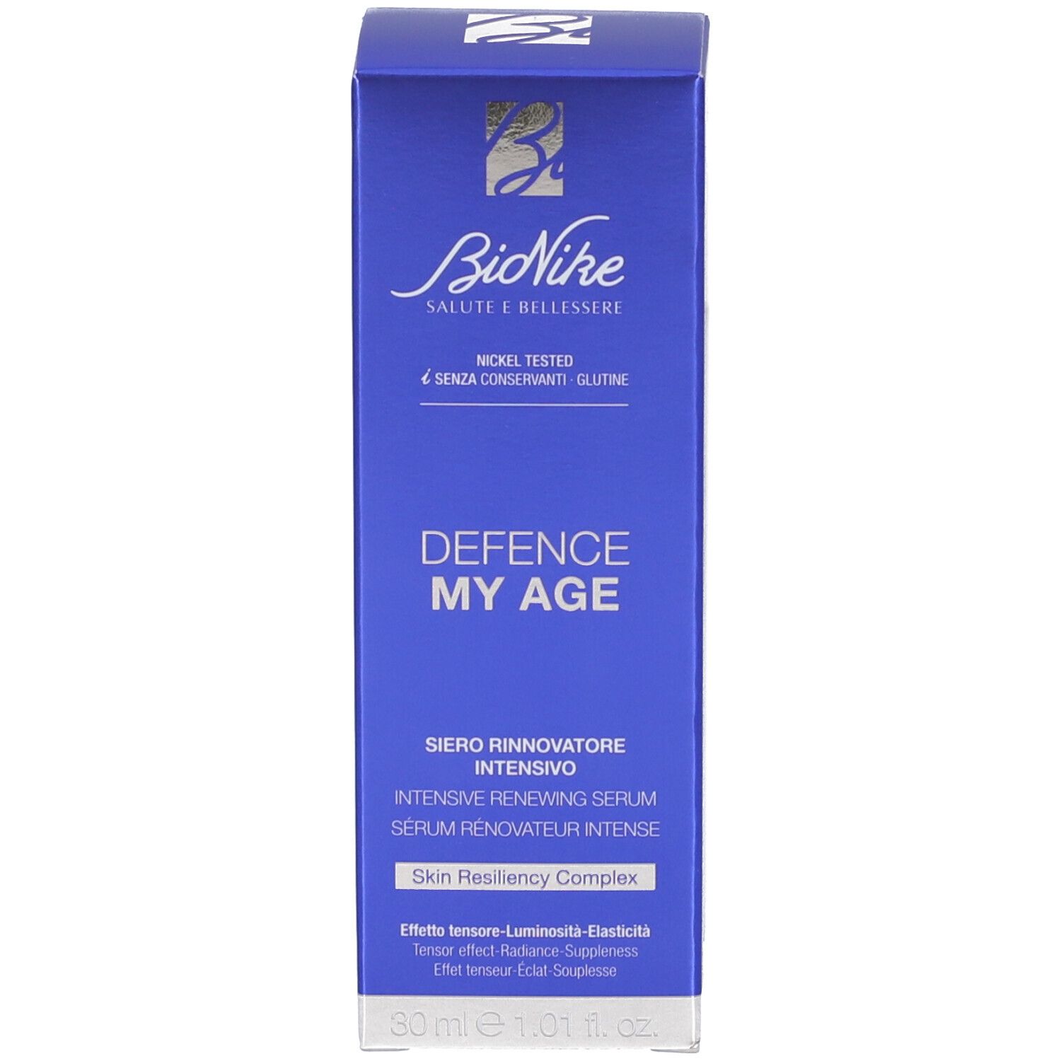 Blaue Schachtel mit Aufschrift: BioNike DEFENCE MY AGE. 30 ml.