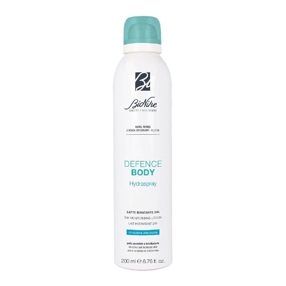 Spray bianco con tappo blu. Scritta: BioNike, Defence Body Hydraspray. 200 ml.