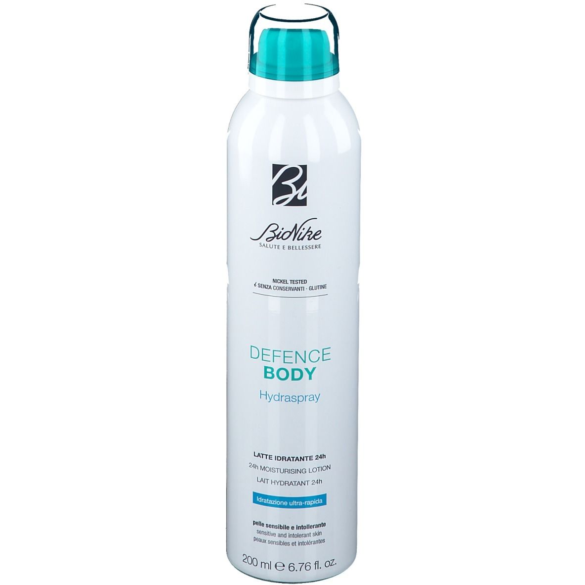 Spray bianco con tappo blu. Scritta: BioNike, Defence Body Hydraspray. 200 ml.