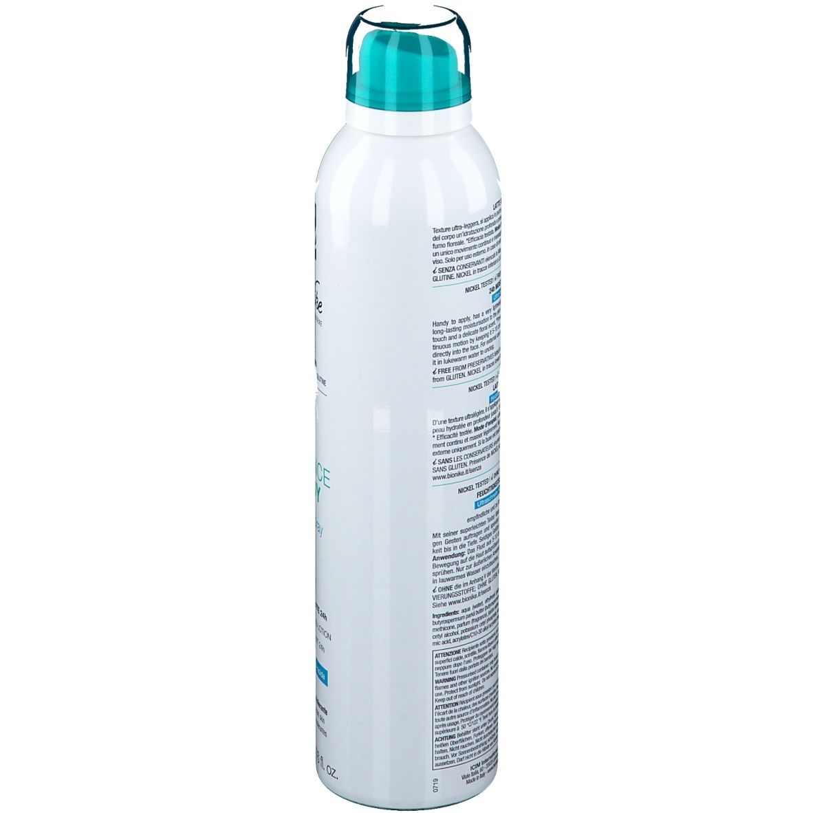 Spray bianco con tappo blu. Scritta: BioNike, Defence Body Hydraspray. 200 ml.