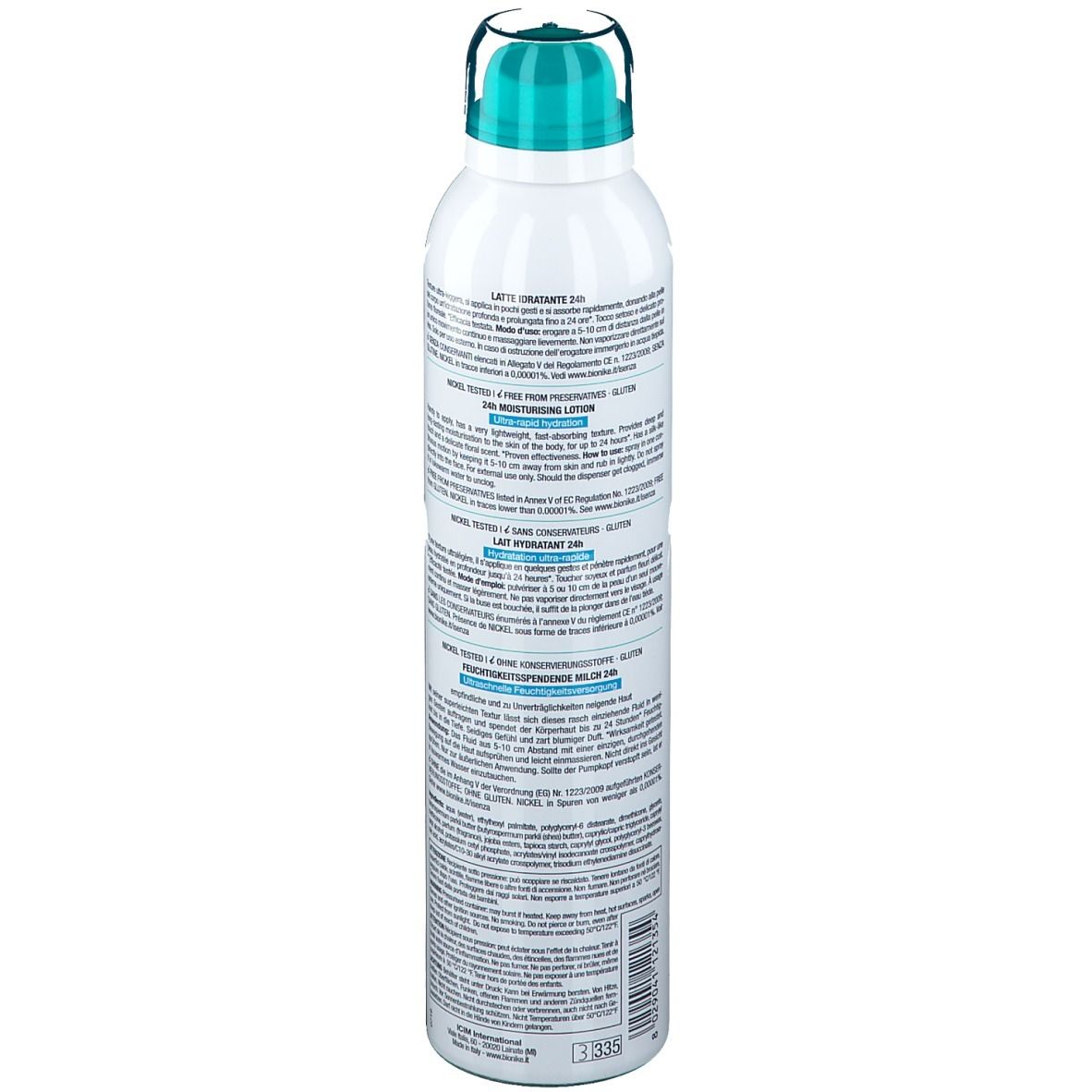 Spray bianco con tappo blu. Scritta: BioNike, Defence Body Hydraspray. 200 ml.