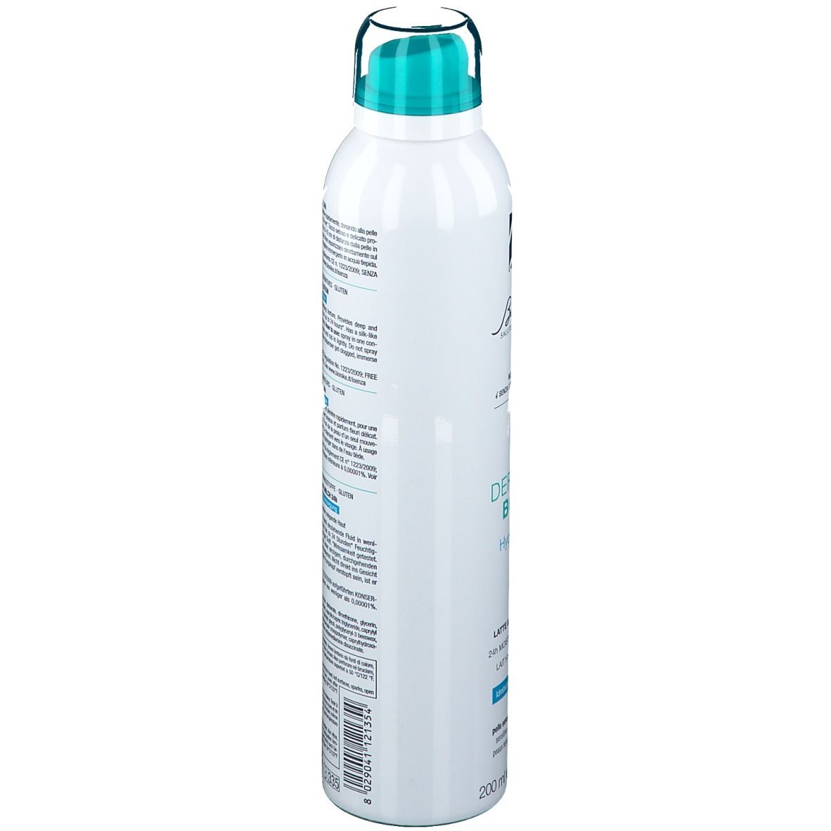Spray bianco con tappo blu. Scritta: BioNike, Defence Body Hydraspray. 200 ml.