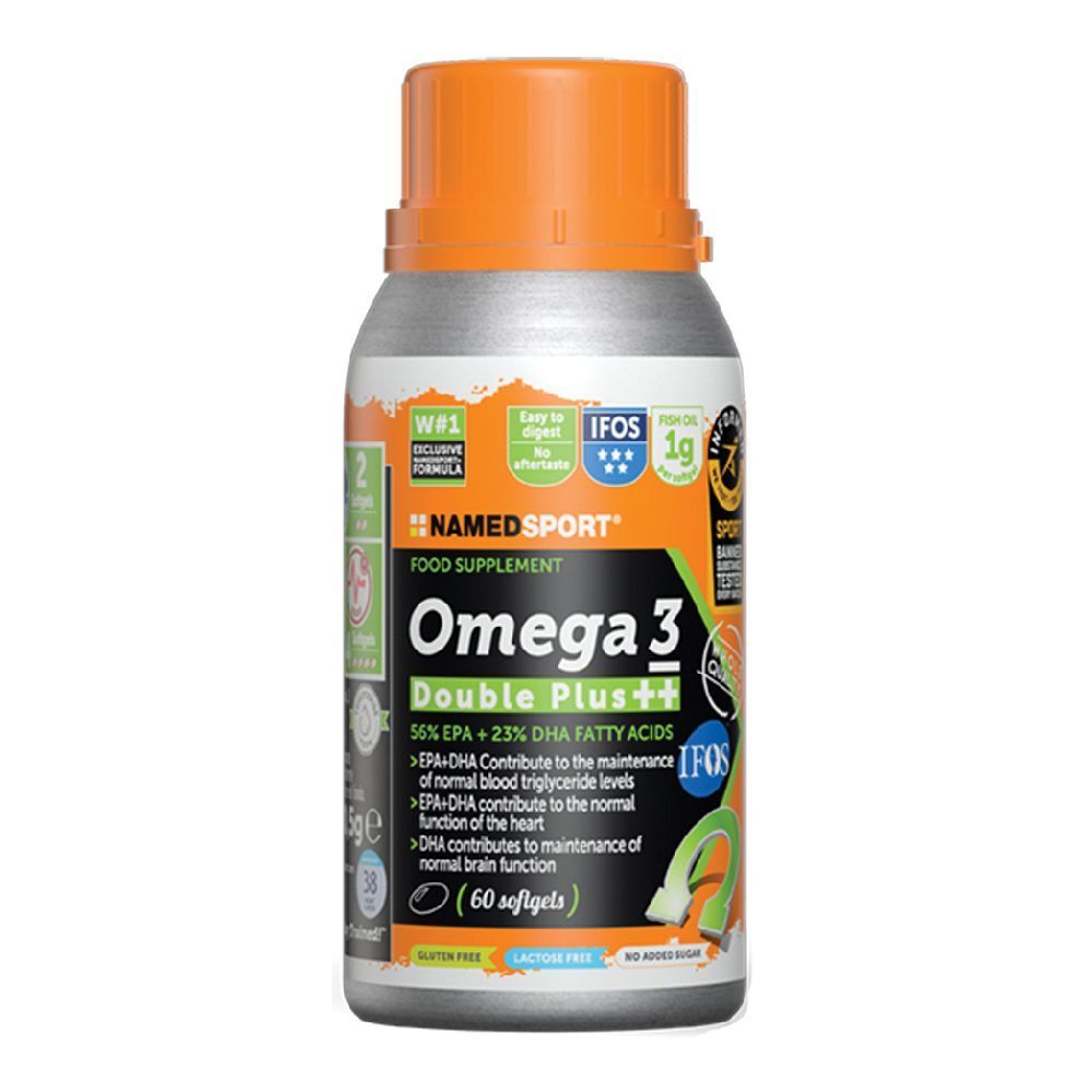 Flacon de compléments alimentaires Omega 3 Double Plus++. Bouchon orange, flacon argenté avec informations et logo.