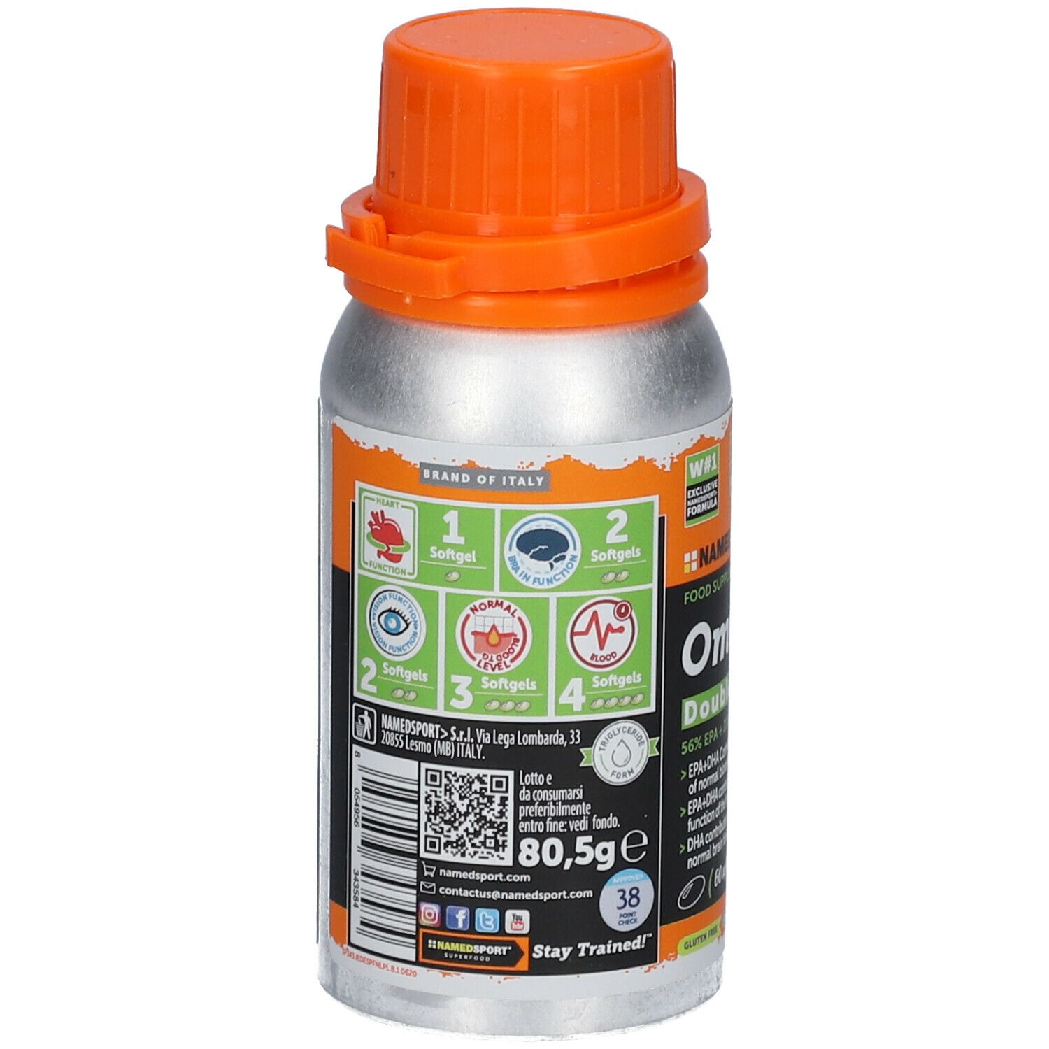 Dos du flacon Omega 3 Double Plus++. Informations, QR code, logo et 38 gélules.