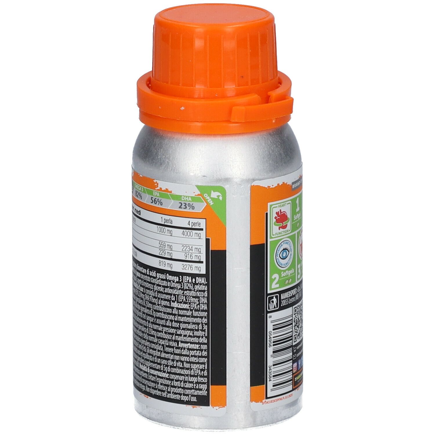 Dos du flacon Omega 3 Double Plus++. Informations nutritionnelles, informations et QR code.