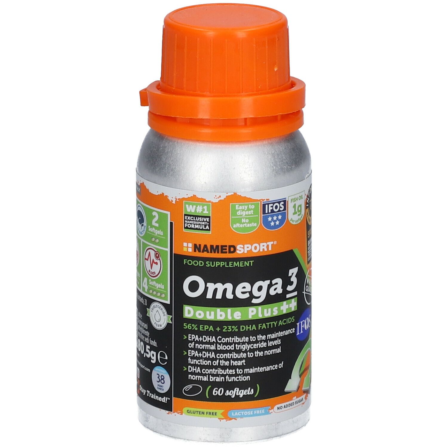 Flacon Omega 3 Double Plus++. Bouchon orange, flacon argenté. Informations, logo et 60 gélules.