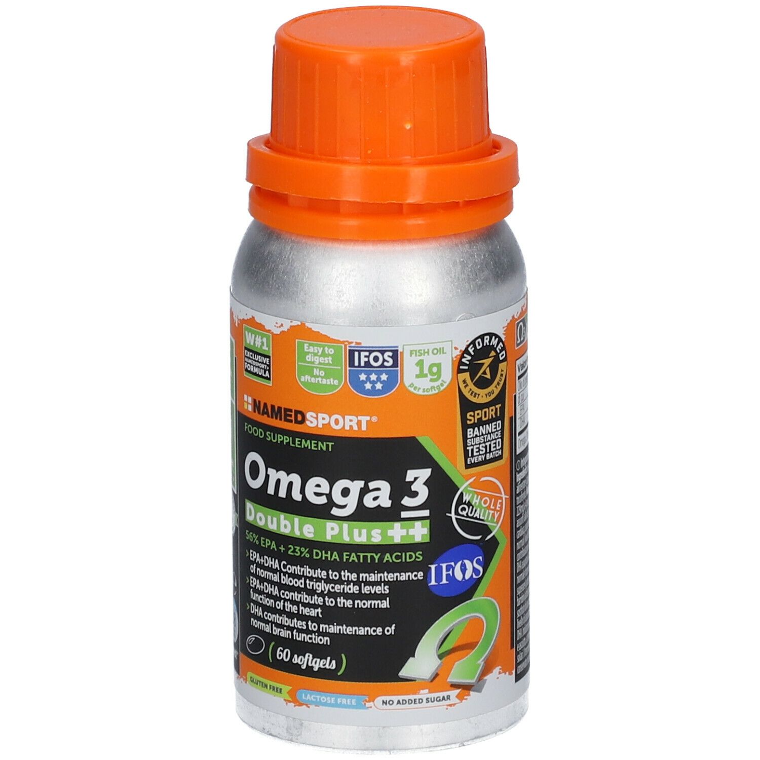 Flacon Omega 3 Double Plus++. Bouchon orange, flacon argenté. Informations, logo et certification IFOS.