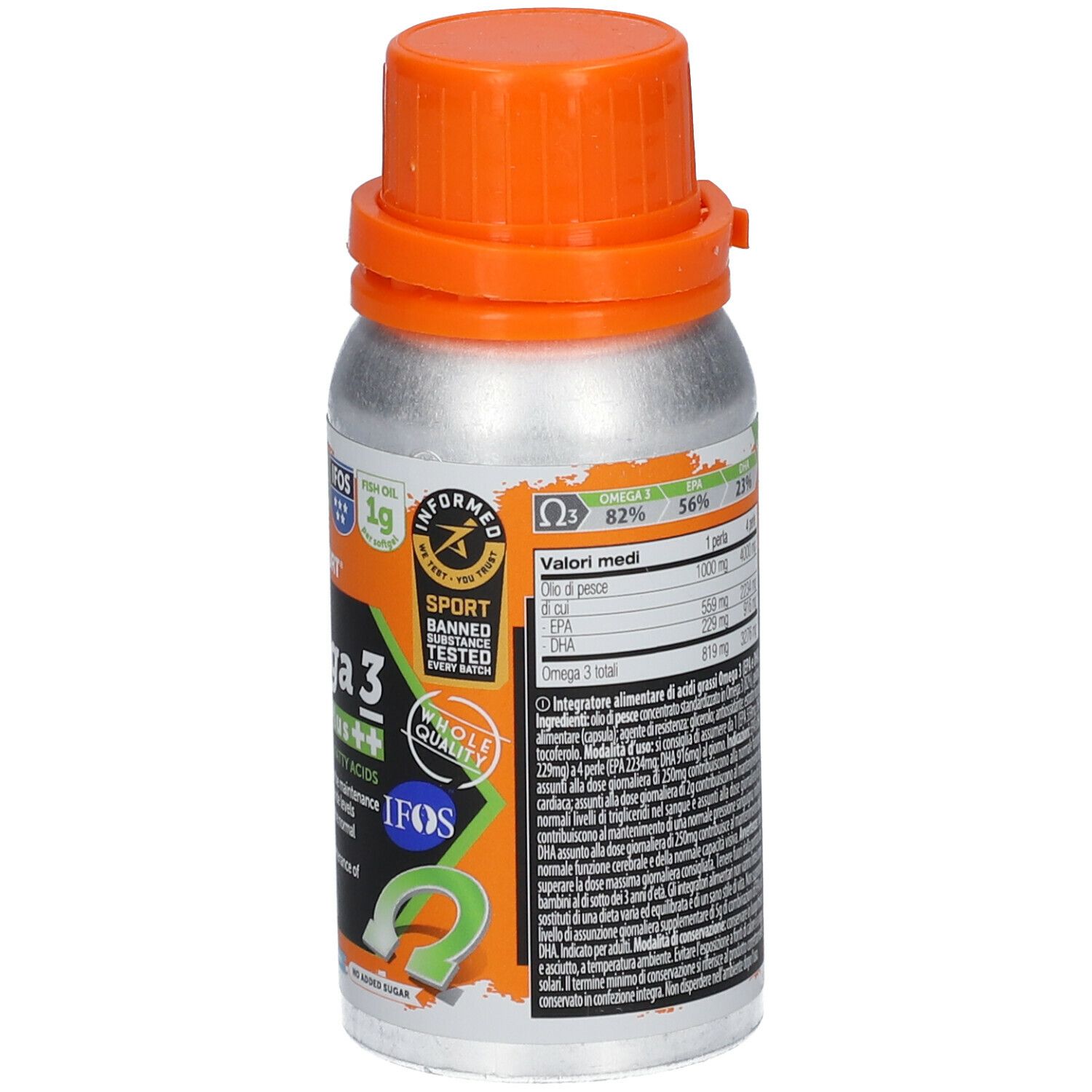 Dos du flacon Omega 3 Double Plus++. Informations nutritionnelles, logo et certification IFOS.