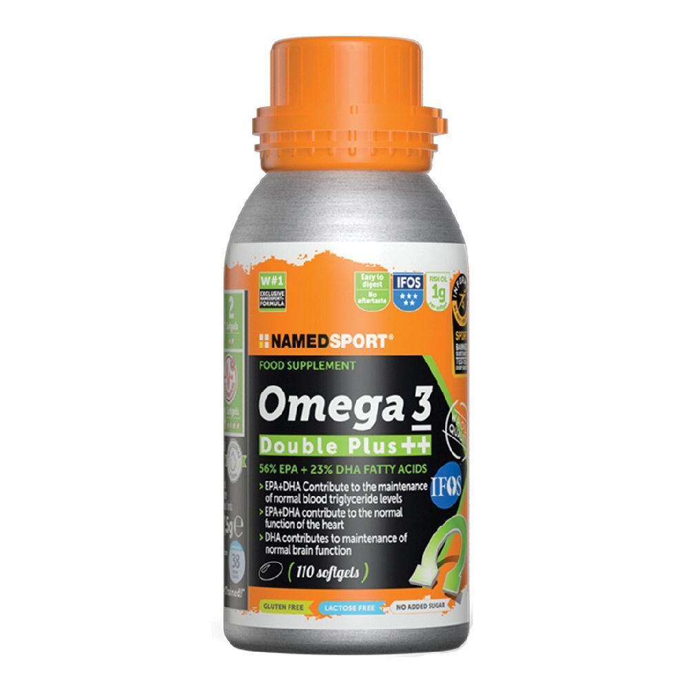 Flacone NAMEDSPORT® Omega 3 Double Plus. Flacone argento, tappo arancione. Scritta Omega 3 Double Plus. 110 softgels.