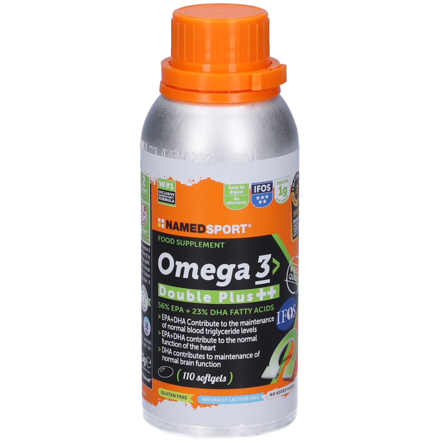 NAMEDSPORT® Omega 3 Double Plus. Flacone argento, tappo arancione. Scritta Omega 3 Double Plus. 110 softgels. Certificazione IFOS.