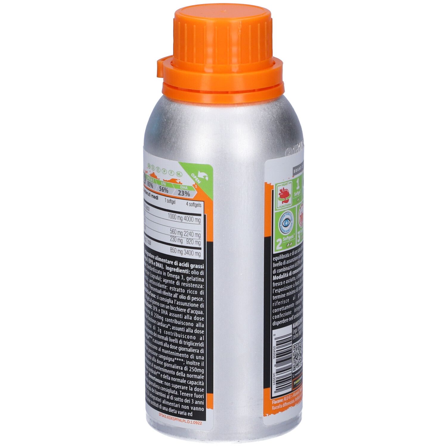 Retro del flacone NAMEDSPORT® Omega 3 Double Plus. Flacone argento, tappo arancione. Testo e loghi. 157,3g.