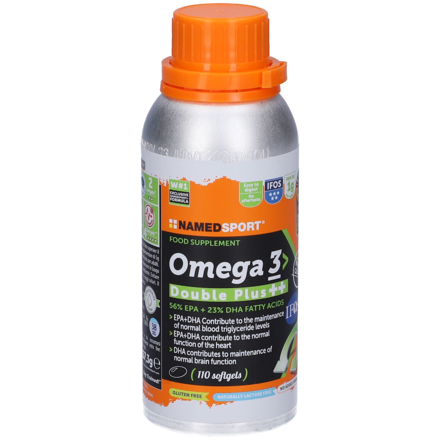 NAMEDSPORT® Omega 3 Double Plus. Flacone argento, tappo arancione. Scritta Omega 3 Double Plus. 110 softgels. Certificazione IFOS.