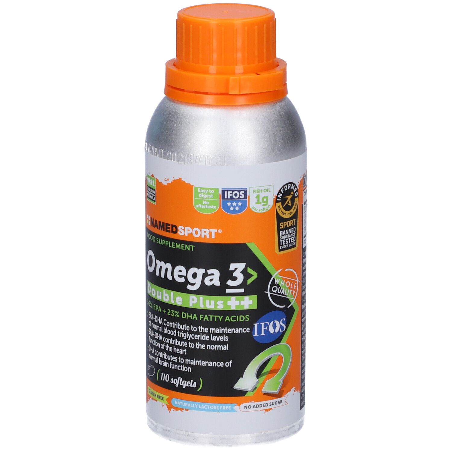 NAMEDSPORT® Omega 3 Double Plus. Flacone argento, tappo arancione. Scritta Omega 3 Double Plus. 110 softgels. Certificazione IFOS.