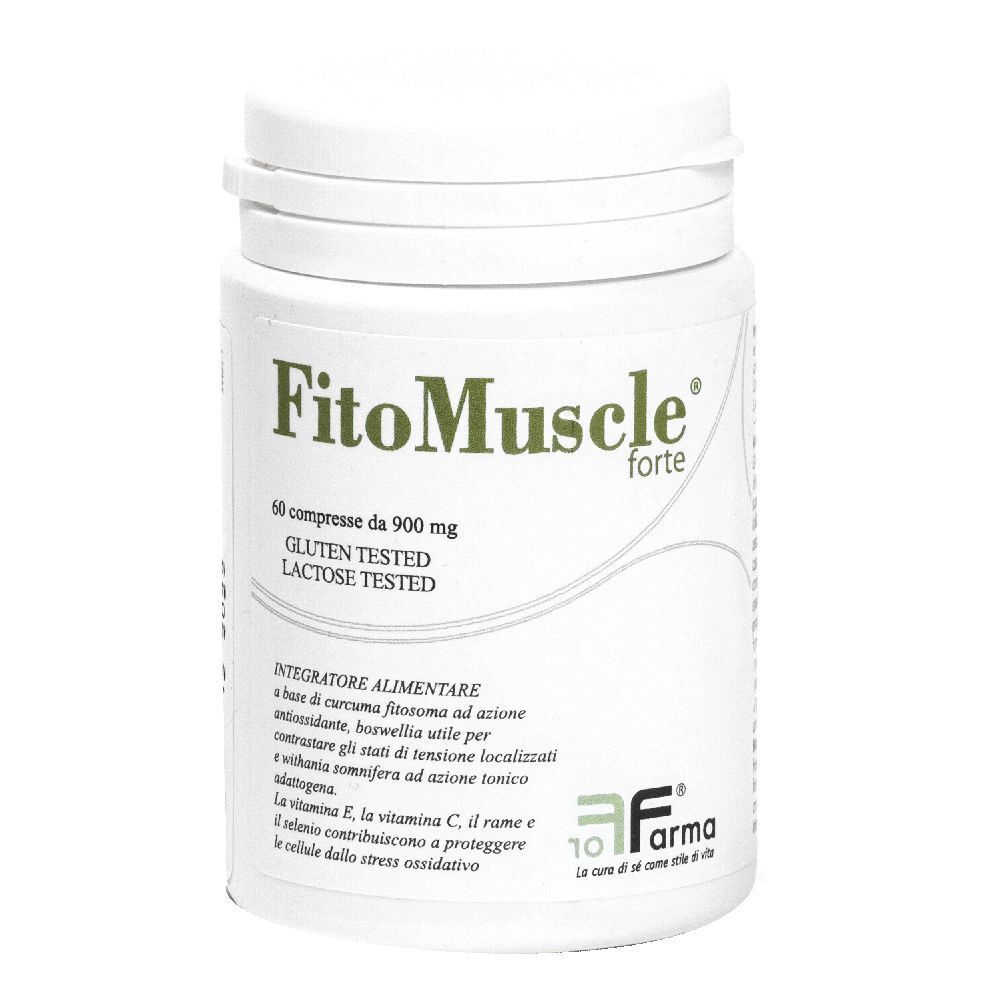 Flacone bianco di compresse FitoMuscle forte. Contiene 60 compresse. Testato senza glutine e lattosio.