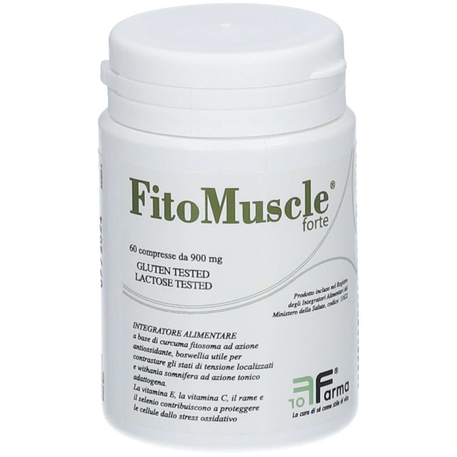 Flacone bianco di compresse FitoMuscle forte. Contiene 60 compresse. Testato senza glutine e lattosio.