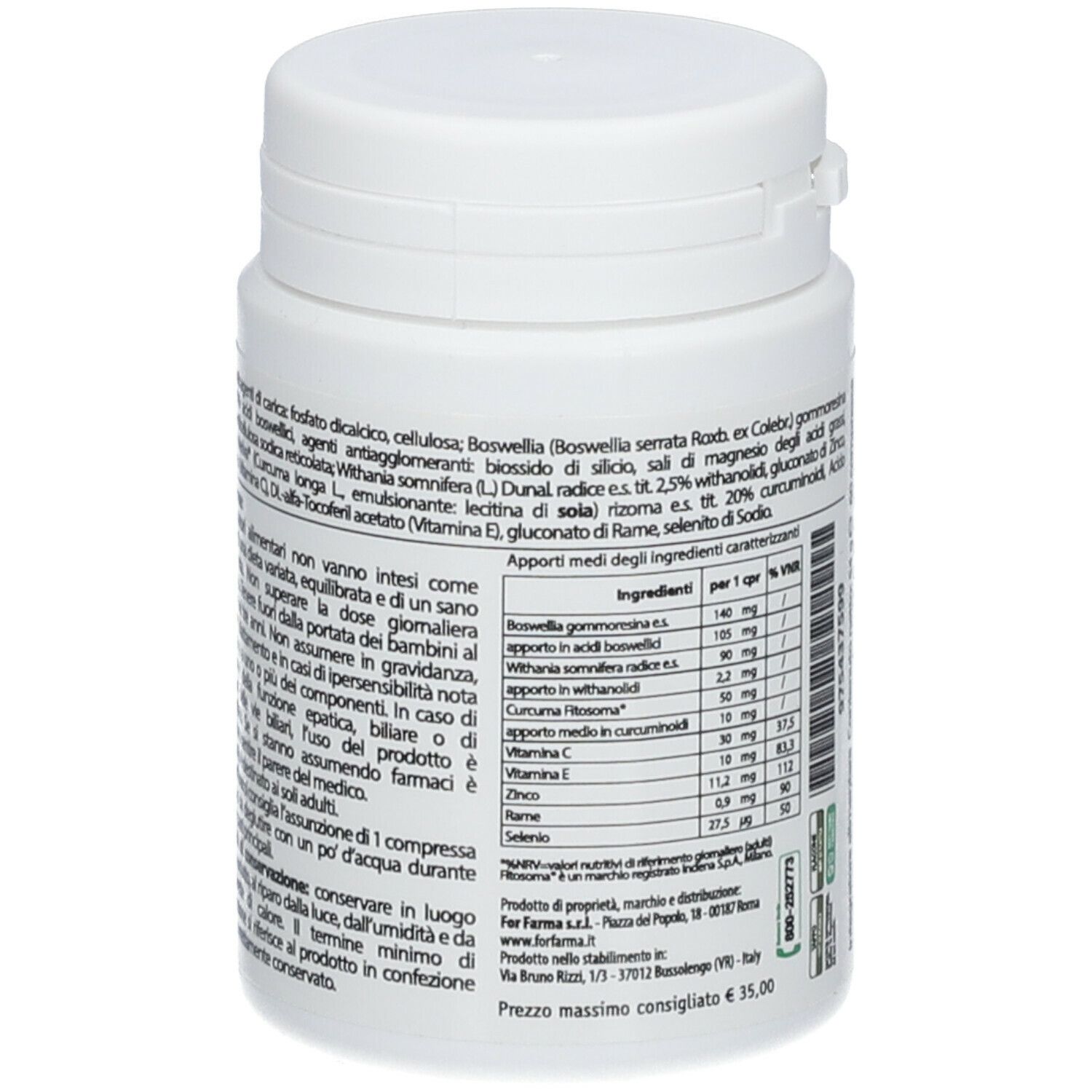 Retro di un flacone di compresse bianco. Contiene informazioni sugli ingredienti e sui valori nutrizionali.