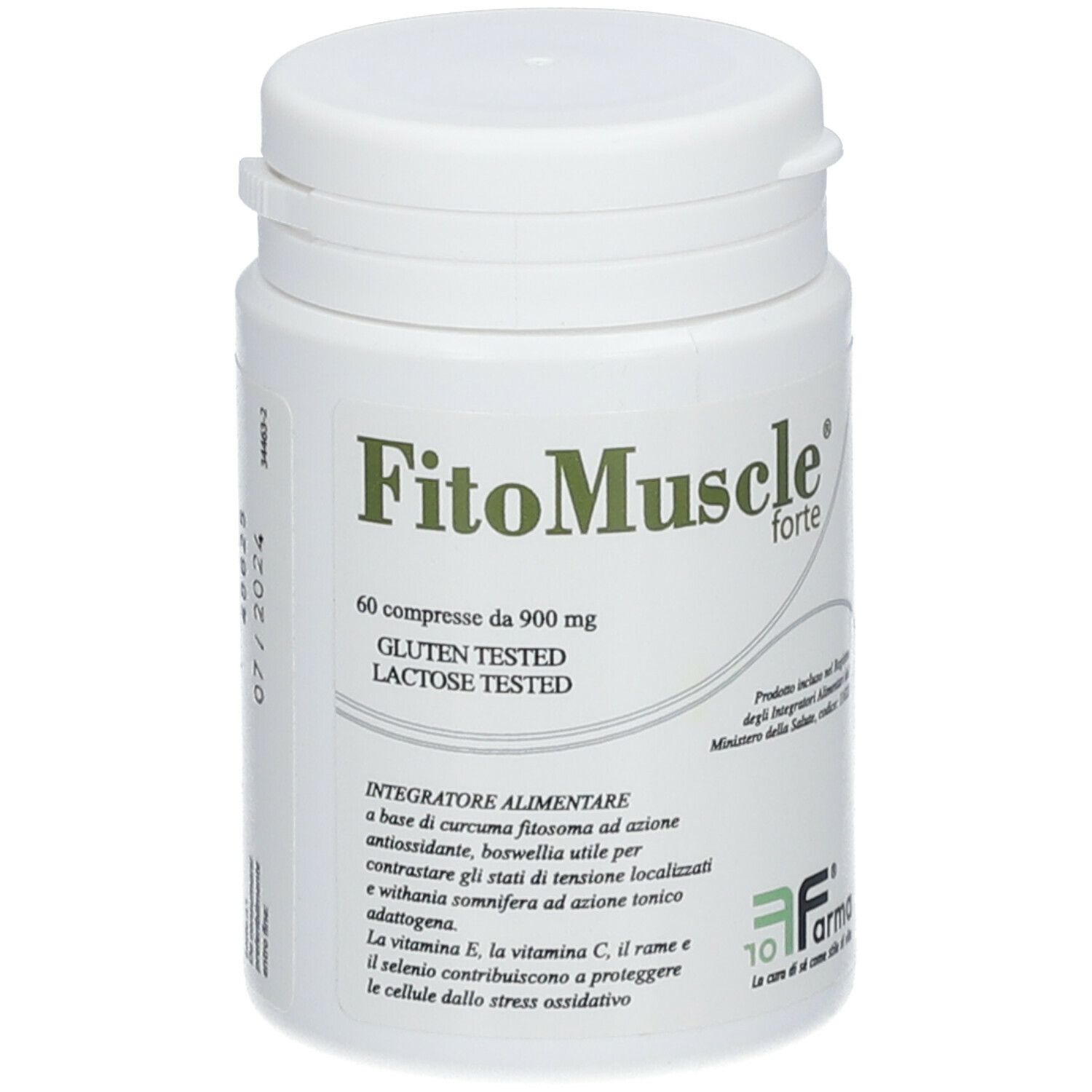 Flacone bianco di compresse FitoMuscle forte. Contiene 60 compresse. Testato senza glutine e lattosio.