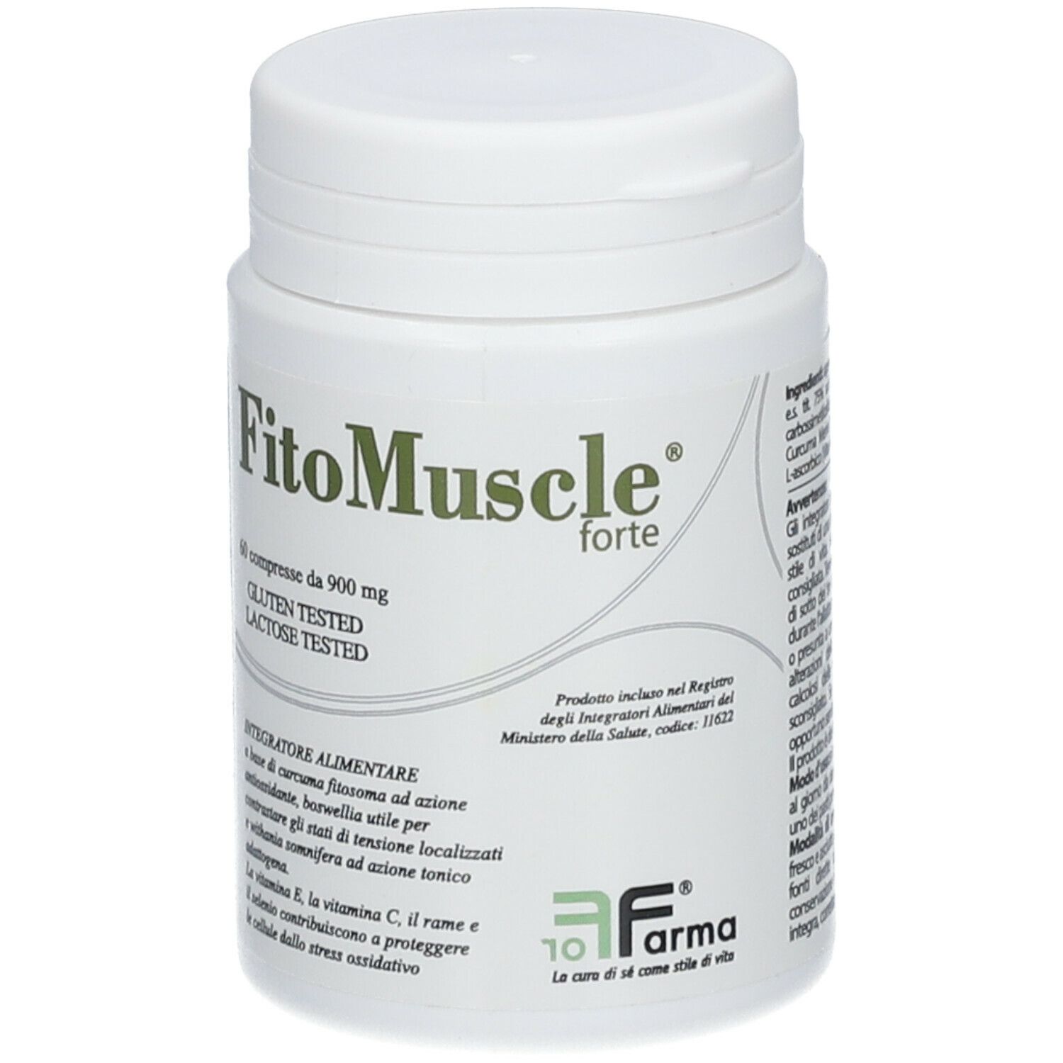 Flacone bianco di compresse FitoMuscle forte. Contiene 60 compresse. Testato senza glutine e lattosio.