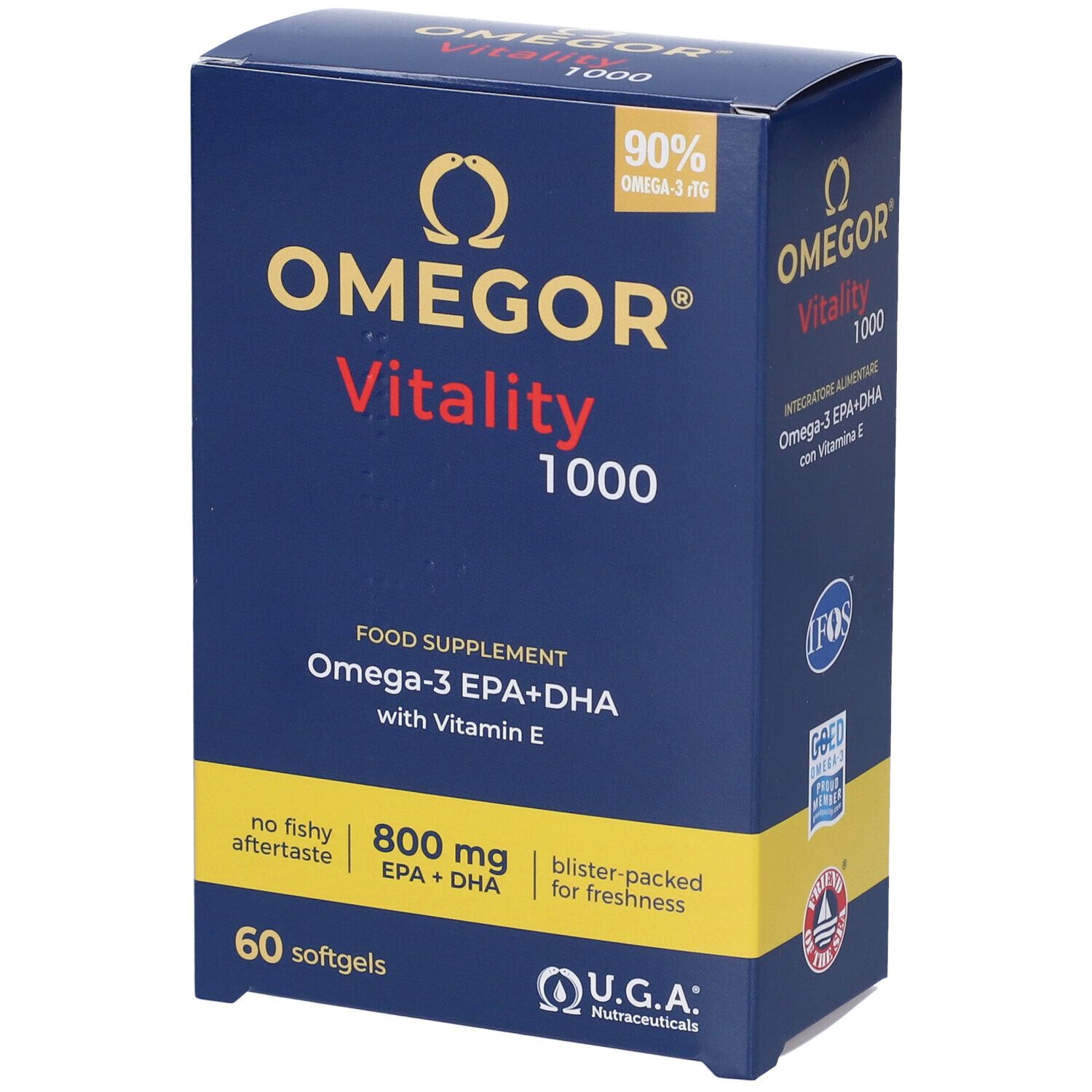 Dunkelblaue Schachtel mit Omegor Vitality 1000. Enthält 60 Softgels. Mit Omega-3 EPA+DHA und Vitamin E. U.G.A. Nutraceuticals.
