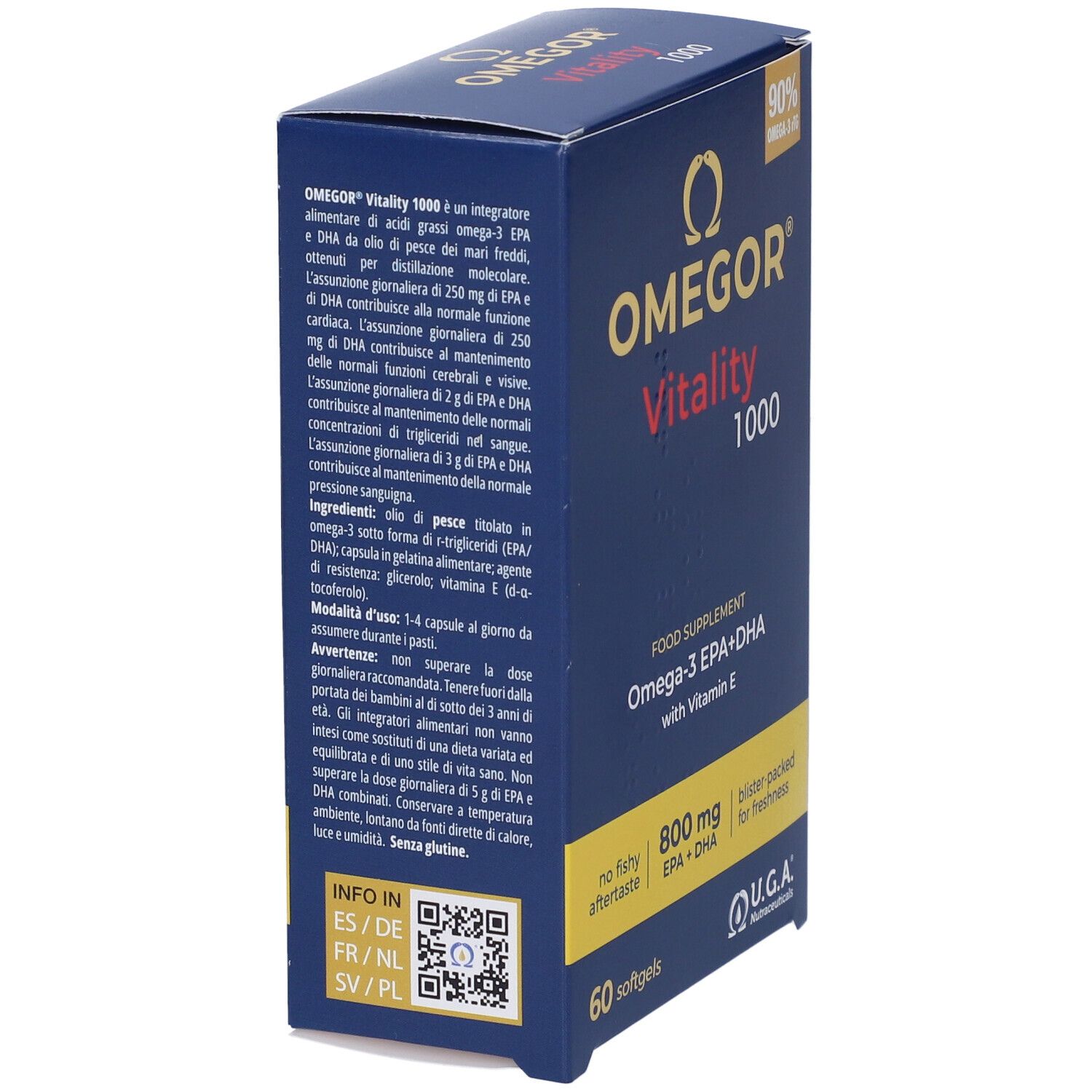 Dunkelblaue Schachtel Omegor Vitality 1000. Enthält Informationen zu Inhaltsstoffen und Anwendung. U.G.A. Nutraceuticals.