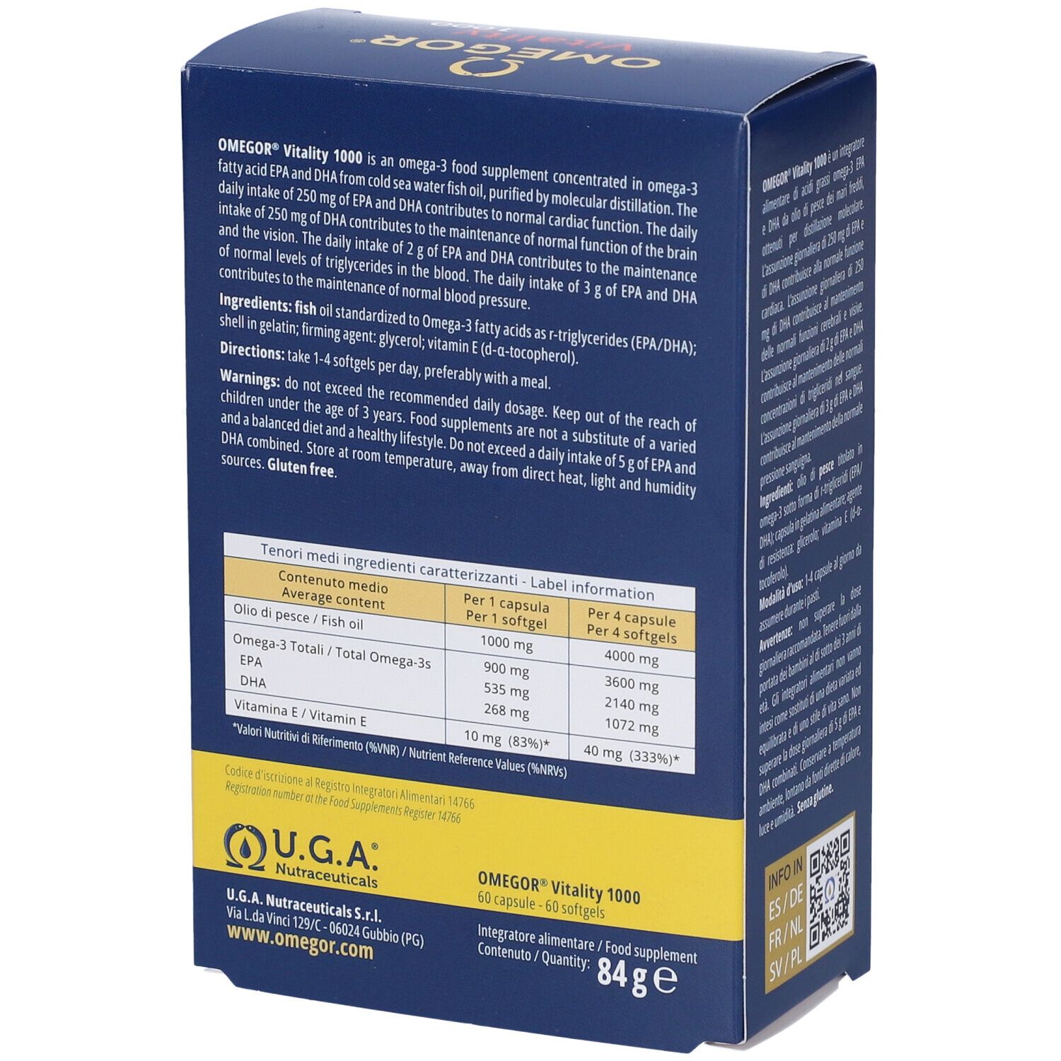 Rückseite der Omegor Vitality 1000 Schachtel. Enthält Informationen zu Inhaltsstoffen und Nährwerten. U.G.A. Nutraceuticals.