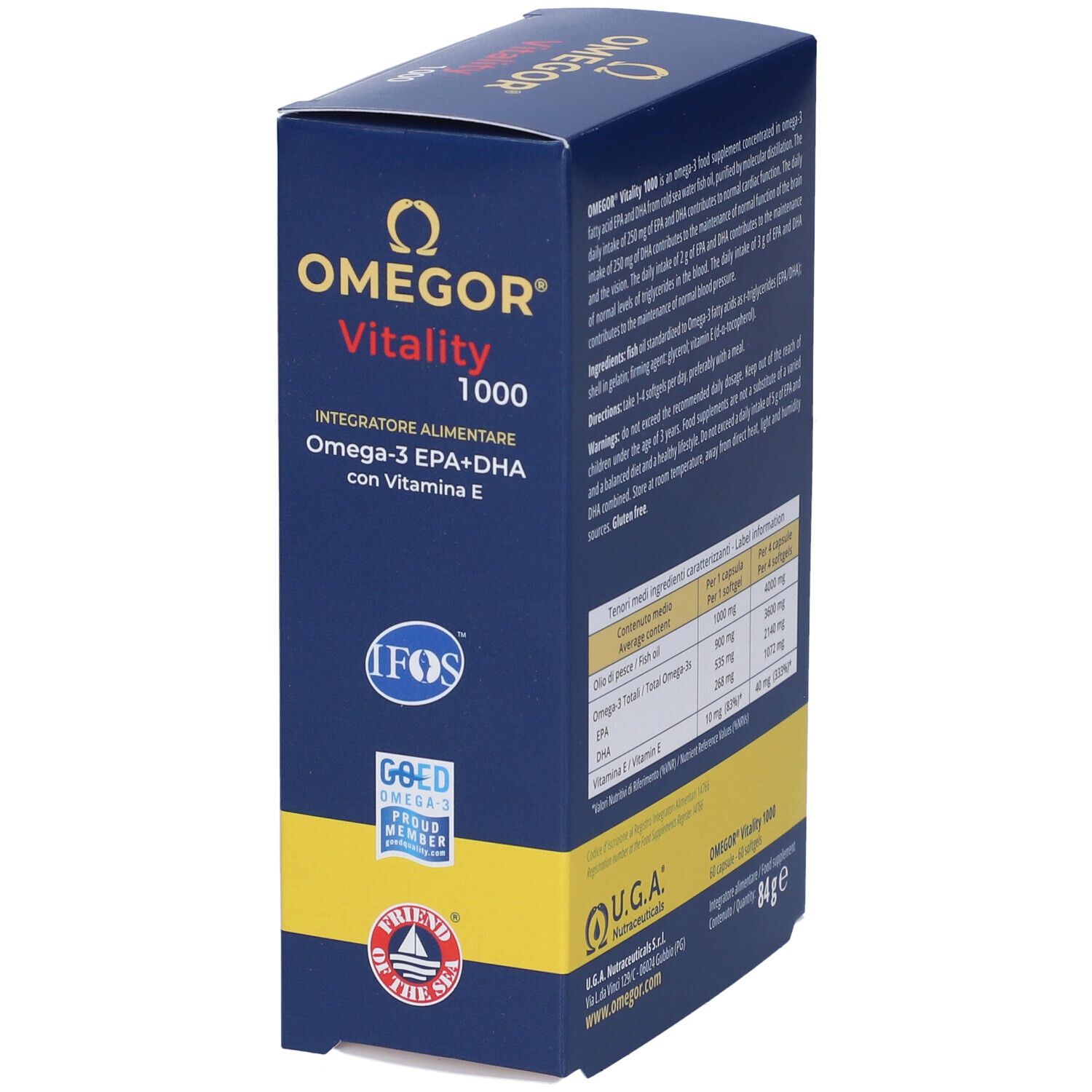 Omegor Vitality 1000 Schachtel mit Logos. Enthält Omega-3 EPA+DHA und Vitamin E. Mit IFOS und GOED Omega Logos.