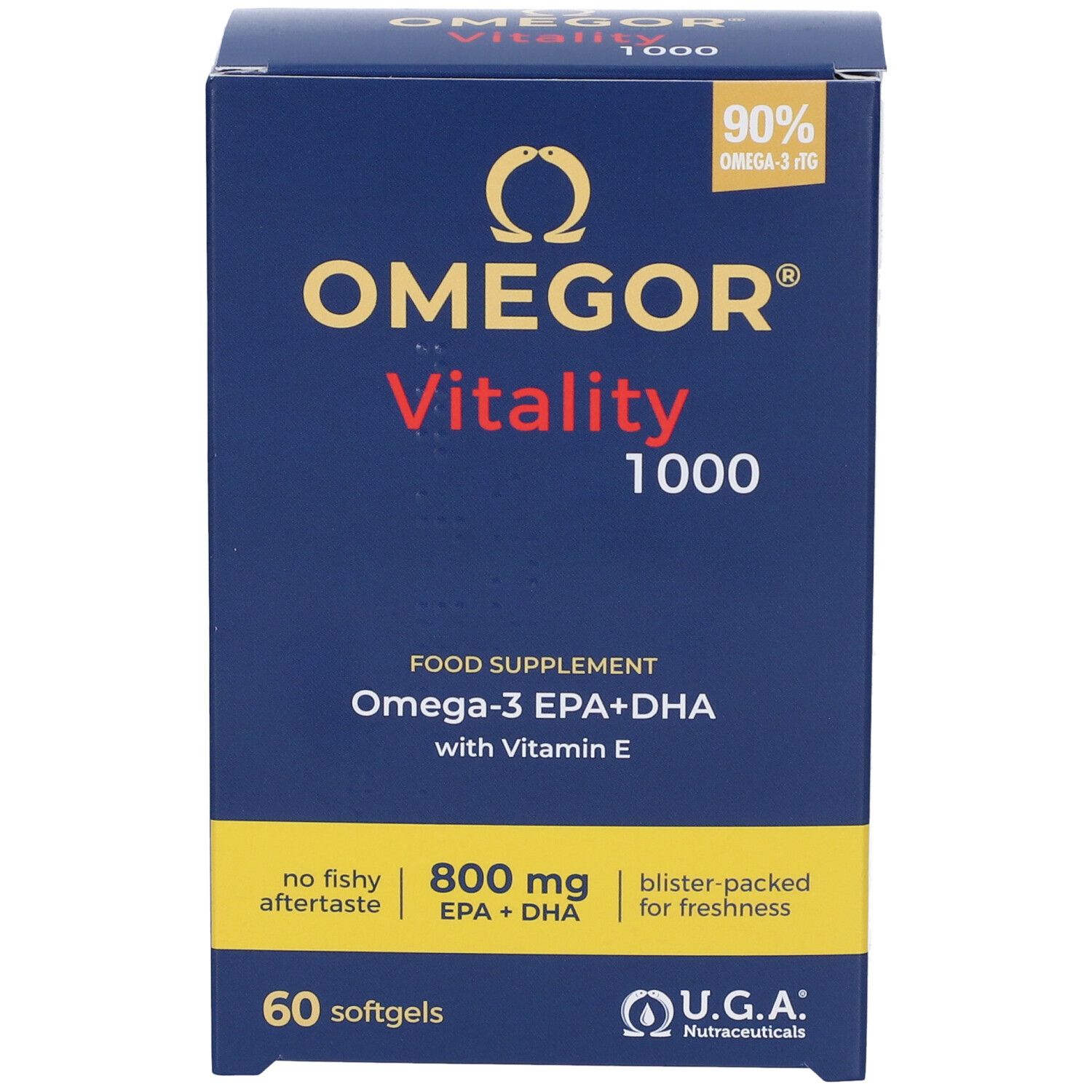 Dunkelblaue Schachtel Omegor Vitality 1000. Enthält 60 Softgels. Mit Omega-3 EPA+DHA und Vitamin E. U.G.A. Nutraceuticals.