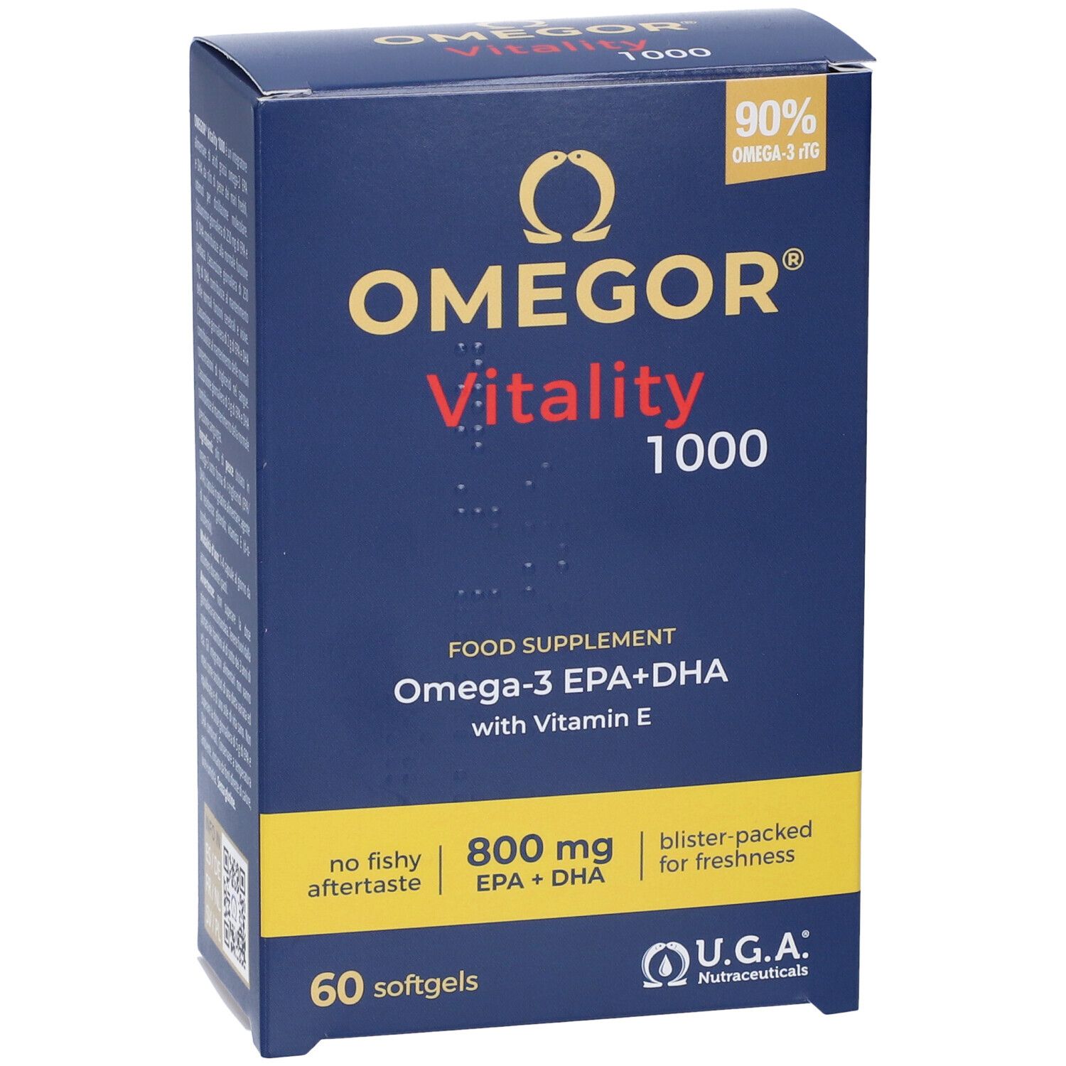 Dunkelblaue Schachtel Omegor Vitality 1000. Enthält 60 Softgels. Mit Omega-3 EPA+DHA und Vitamin E. U.G.A. Nutraceuticals.