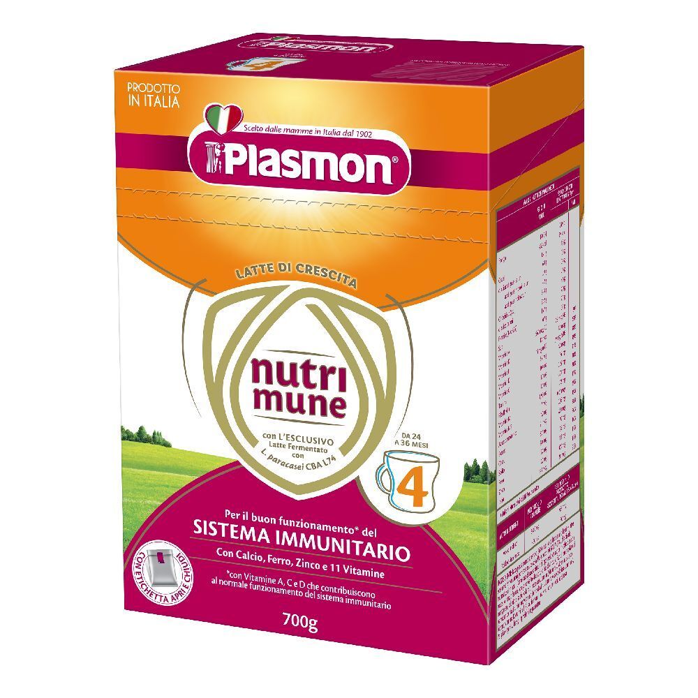 Confezione di Plasmon Nutri-Mune Ltt S4 700G. Scatola arancione, bianca e rosa con informazioni e logo.