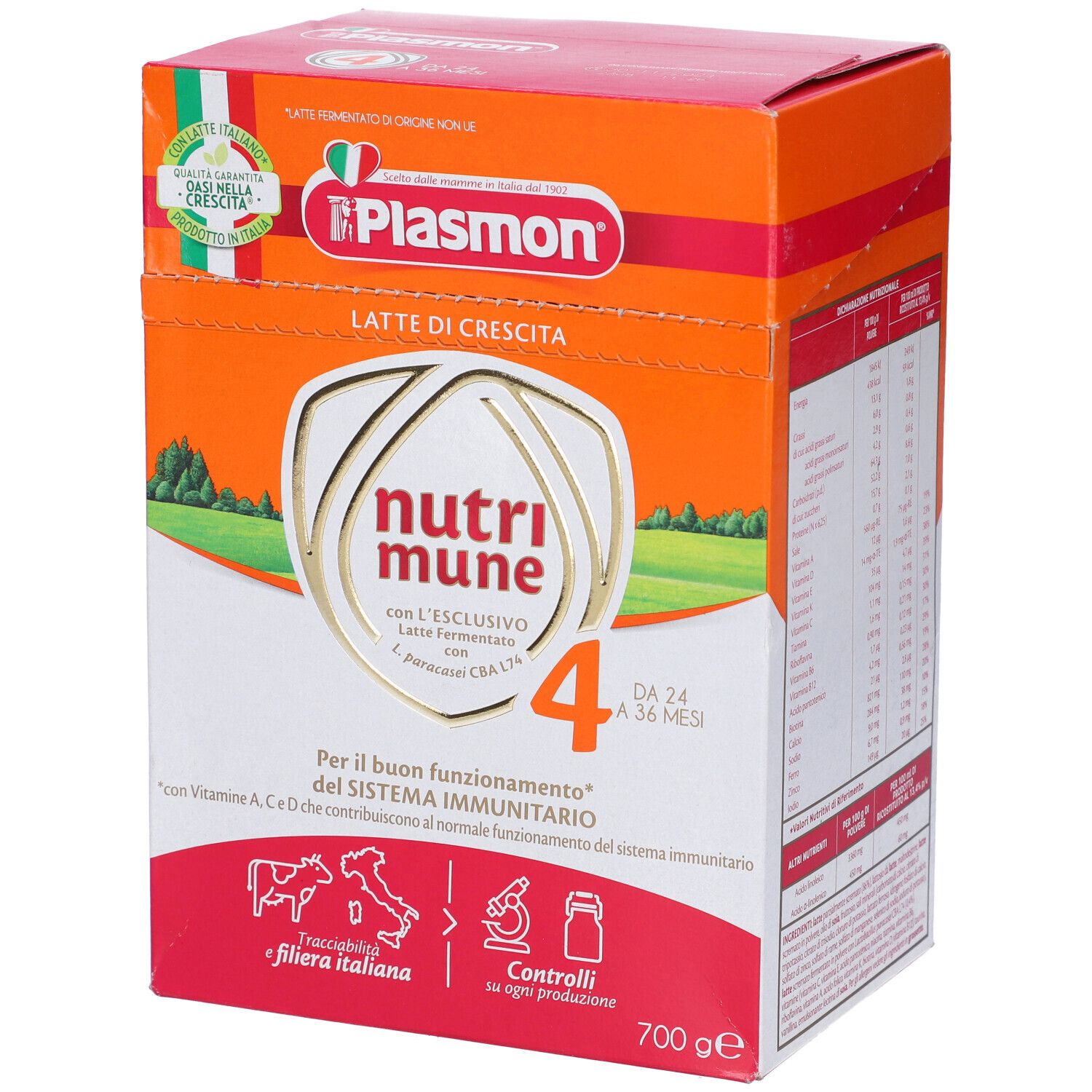 Confezione di Plasmon Nutri-Mune Ltt S4 700G. Scatola arancione, bianca e rosa con informazioni e logo.
